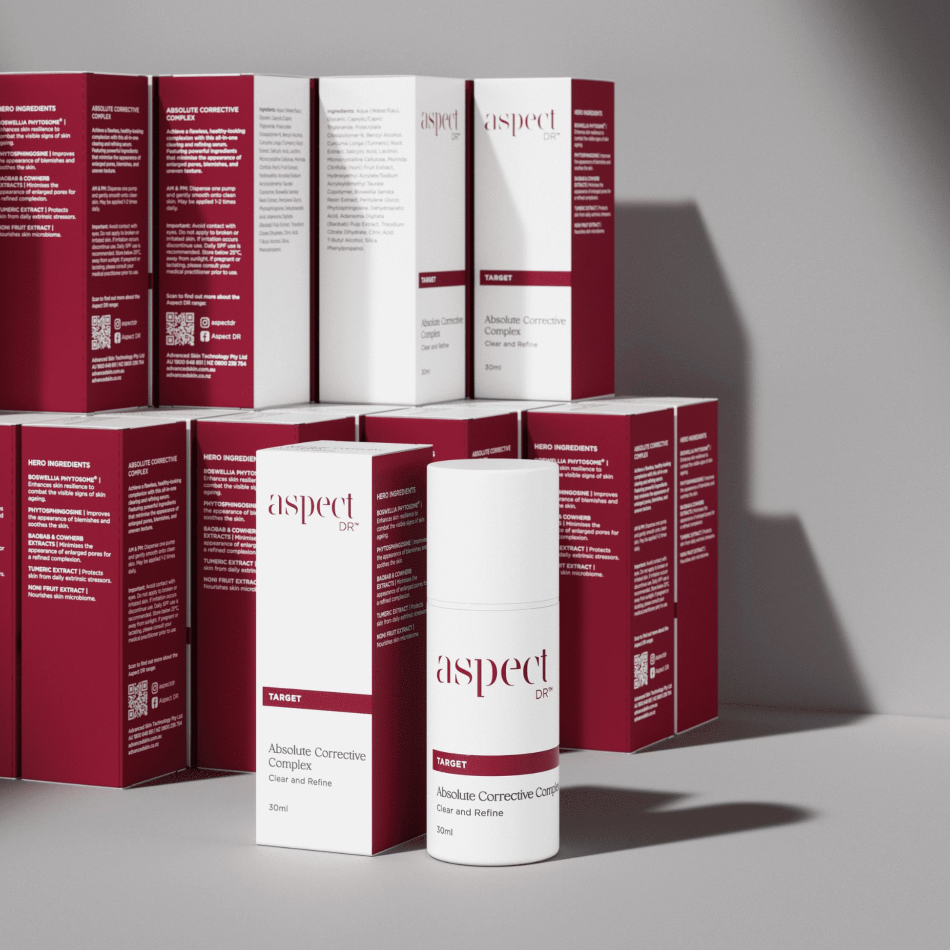 Aspect Dr absolute corrective complex skincare product and packaging on a grey background