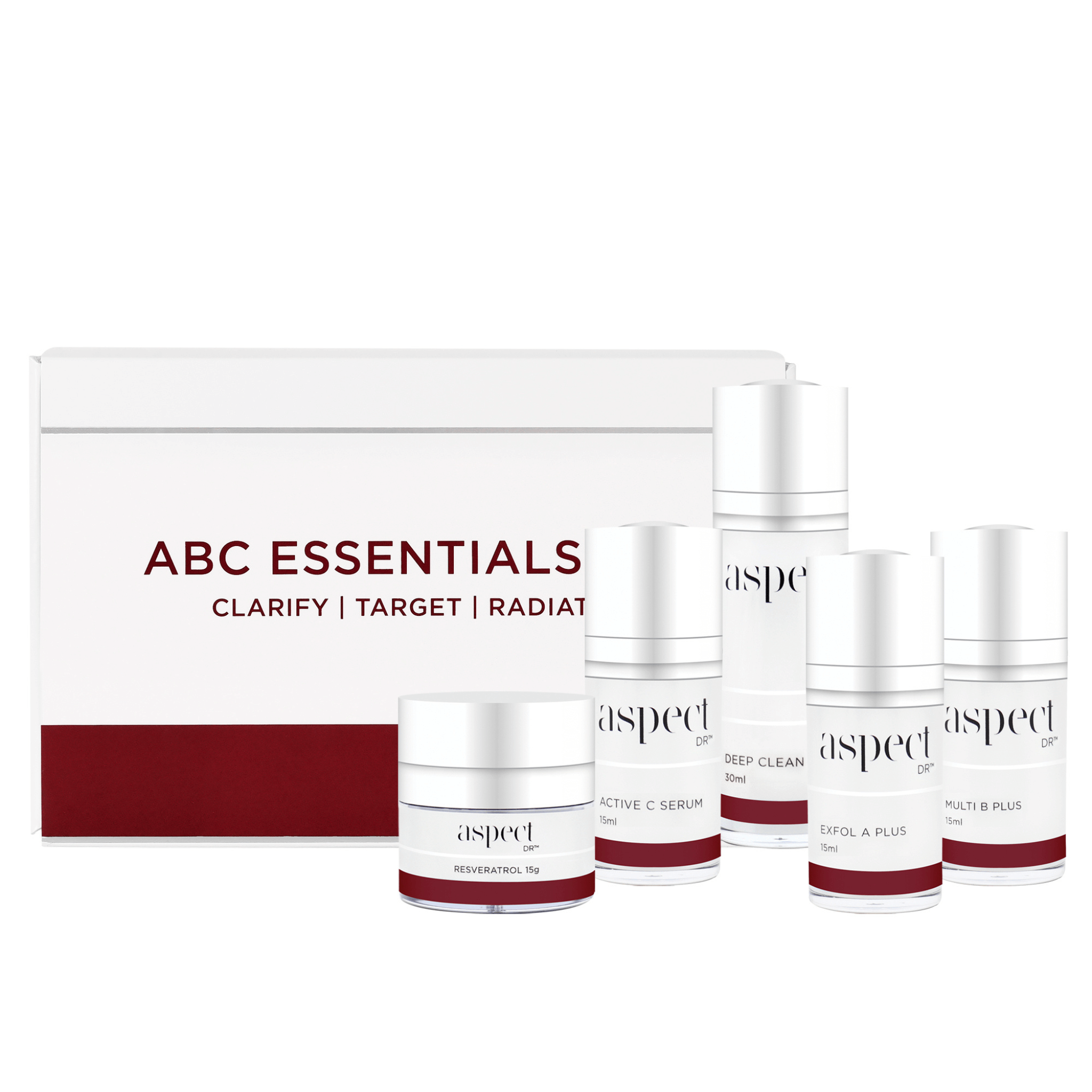 Aspect ABC Kit product set with product container on white background