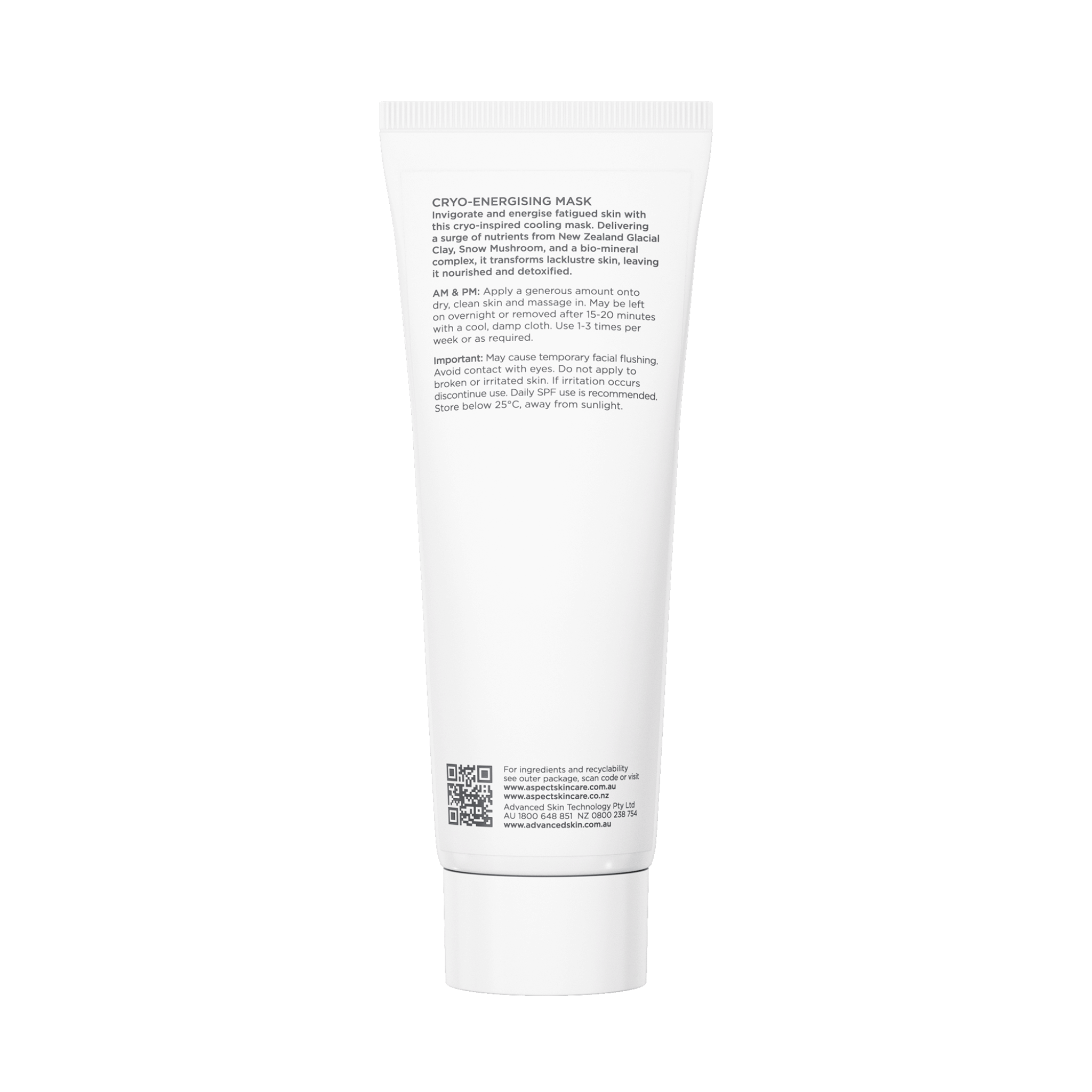 Aspect Cryo Energising Mask 118ml back of packaging on white background