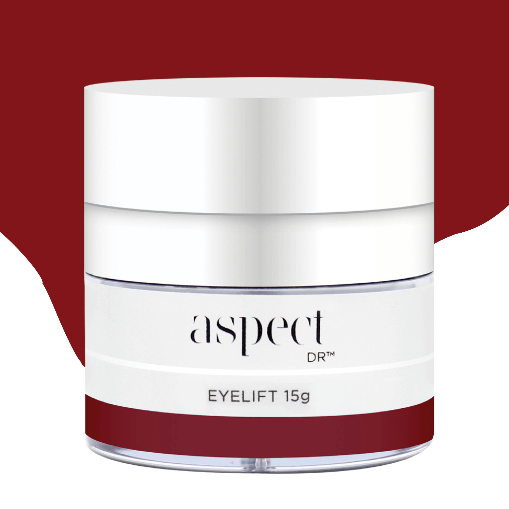 White skincare jar labeled 'Aspect DR Eyelift 15g' on a red background
