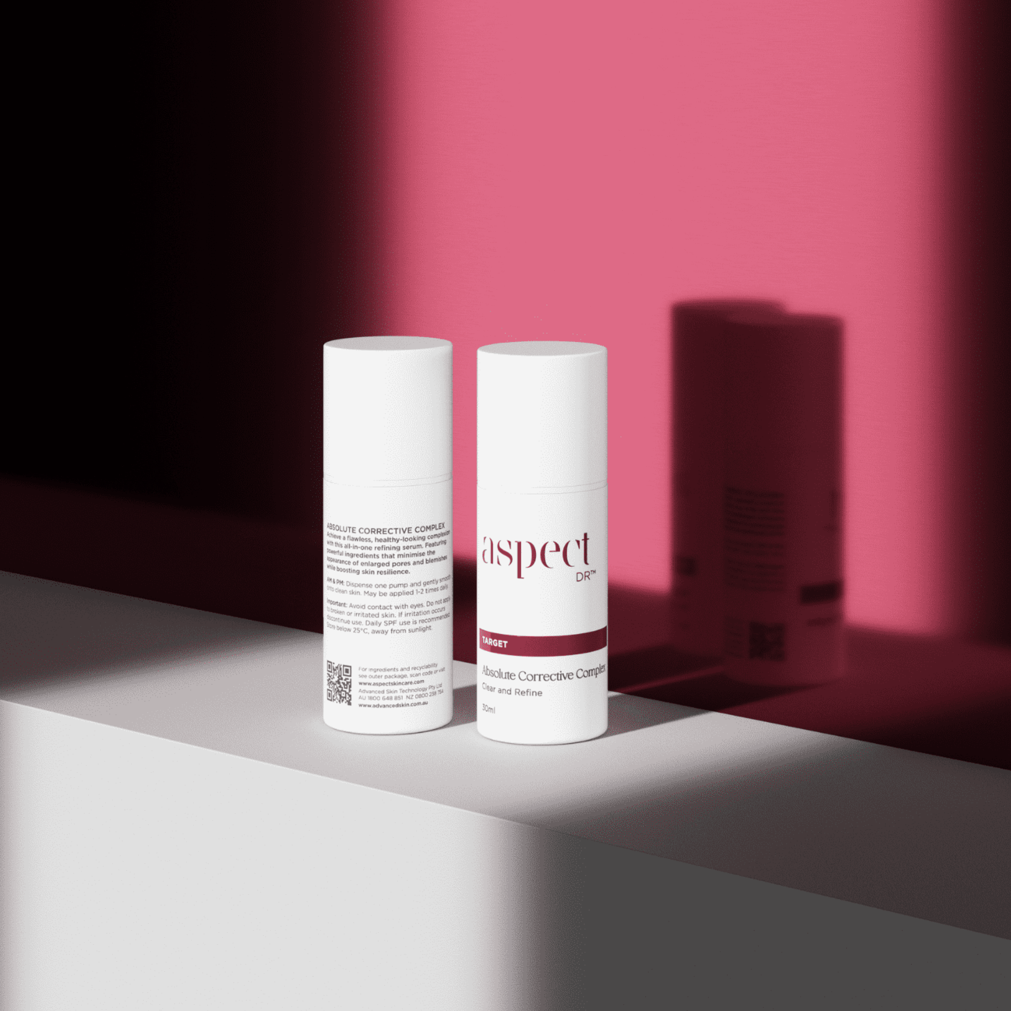 Aspect Dr new formulas Absolute Corrective Complex bottles on red background