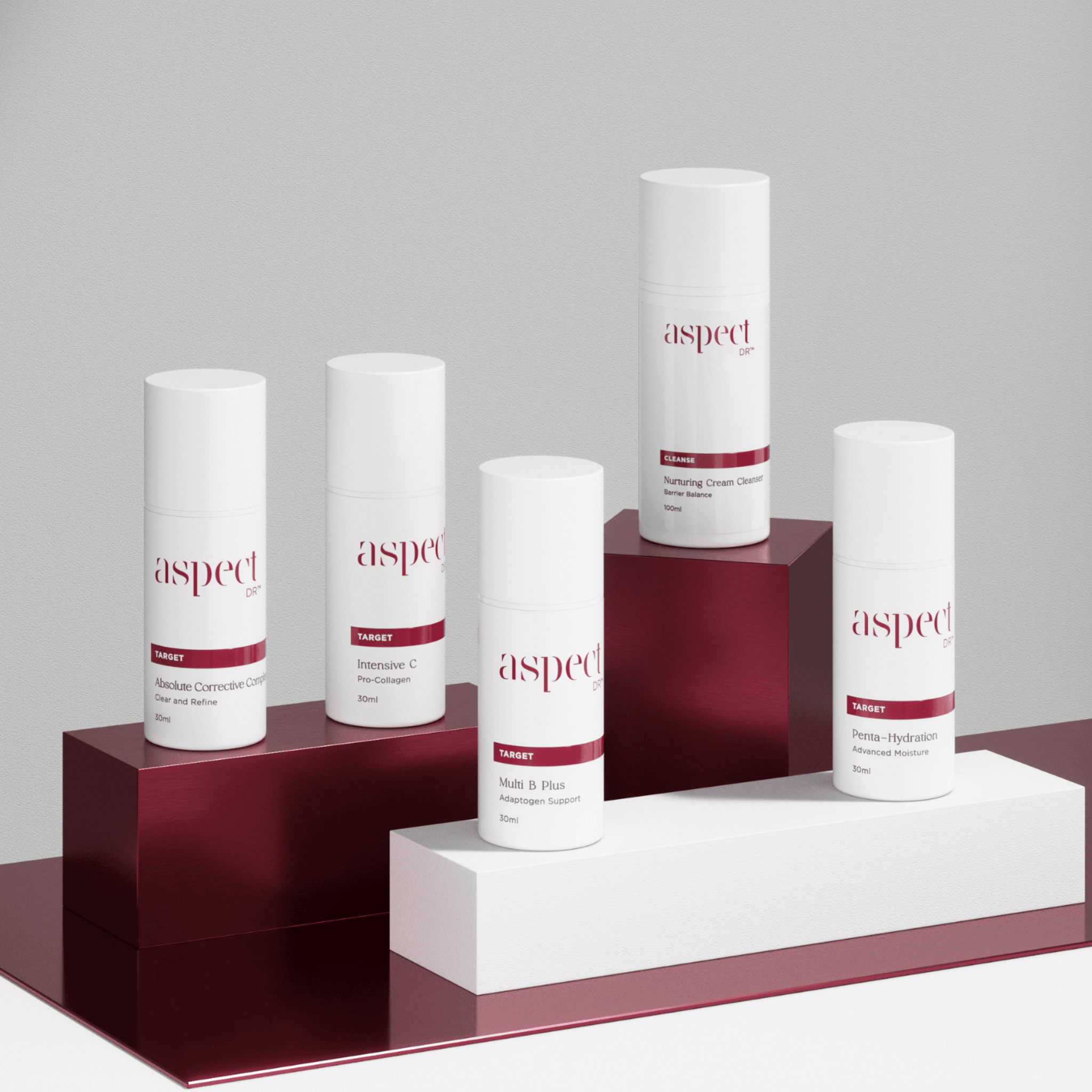 Set of Aspect Dr skincare products on a modern shelf design with a grey background