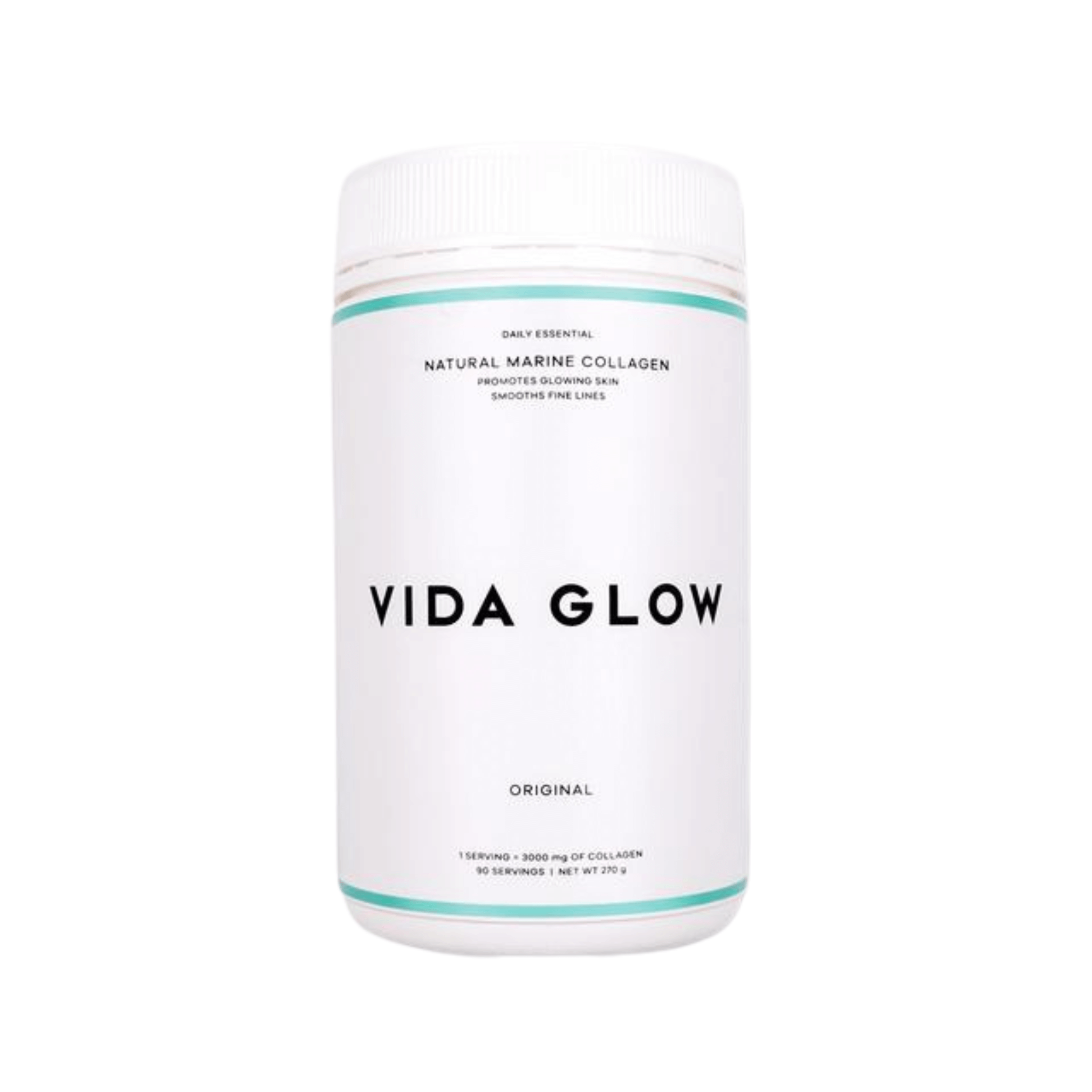 Collagen powder front of tub on white background