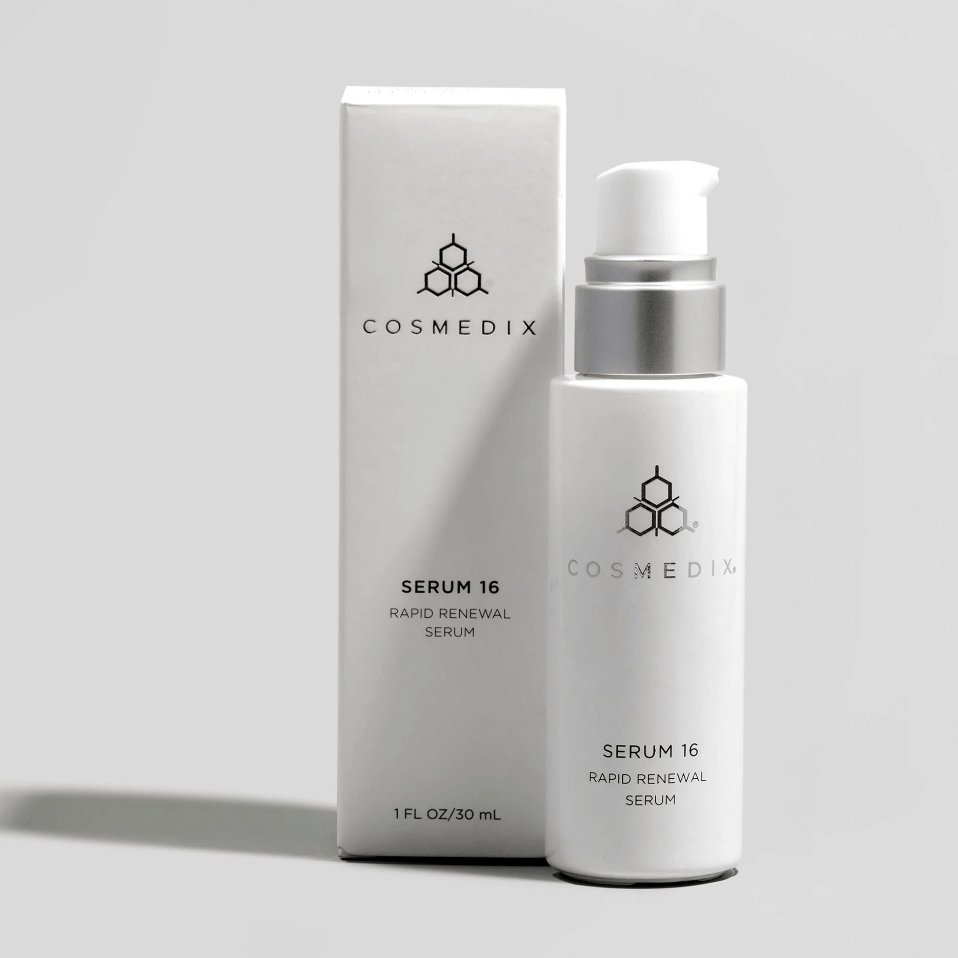 Cosmedix Serum 16 Rapid Renewal Serum bottle and packaging on a light grey background.