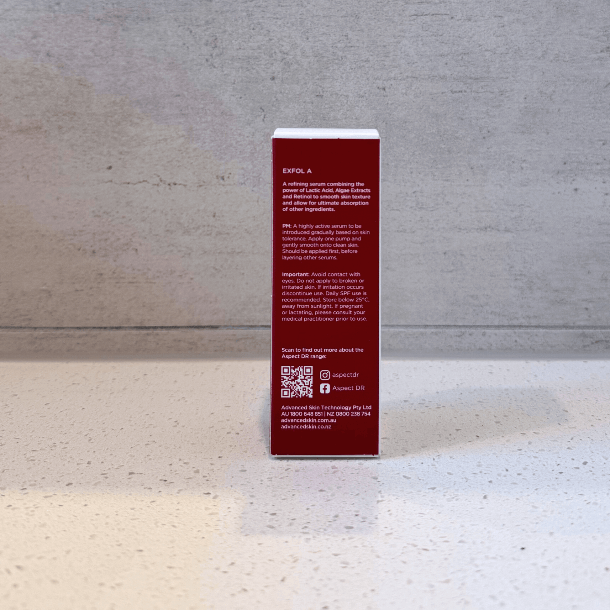 Exfol A serum Aspect Dr back of product box