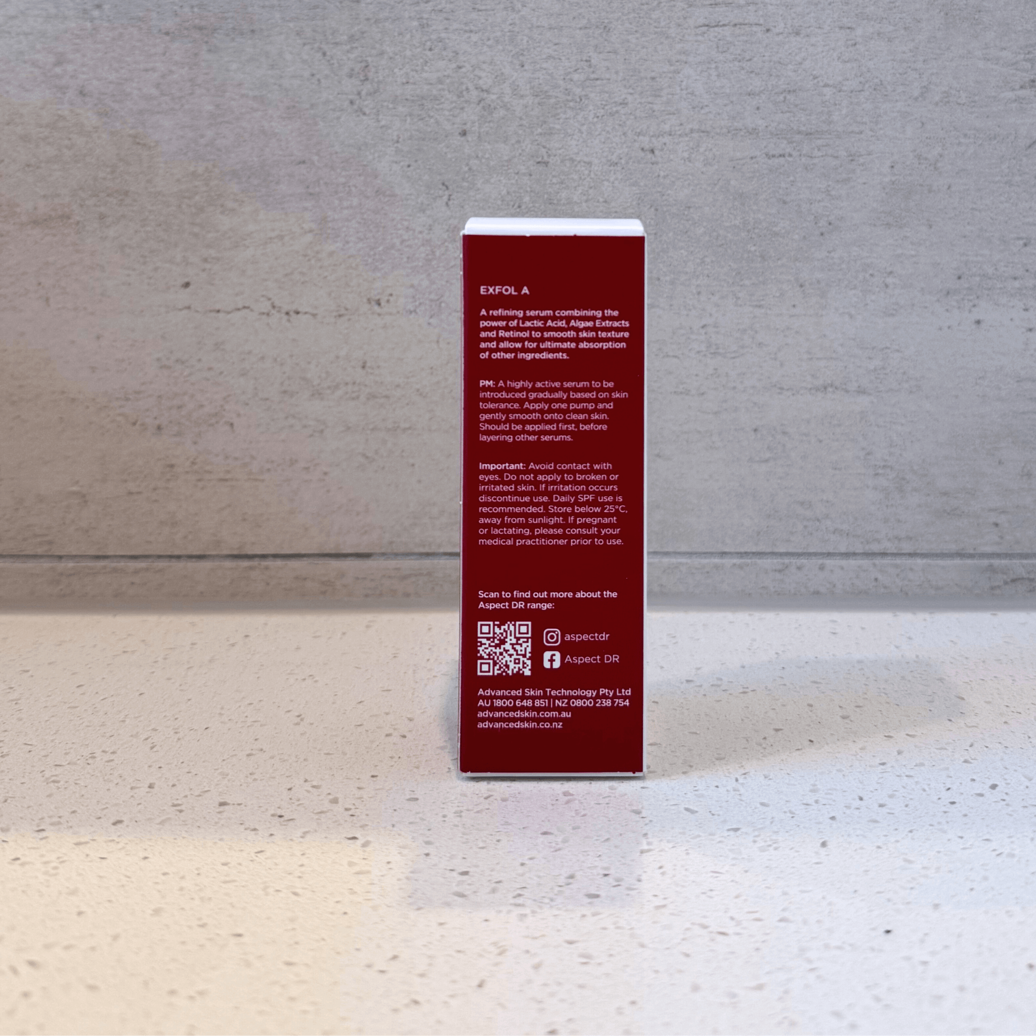Exfol A serum Aspect Dr back of product box