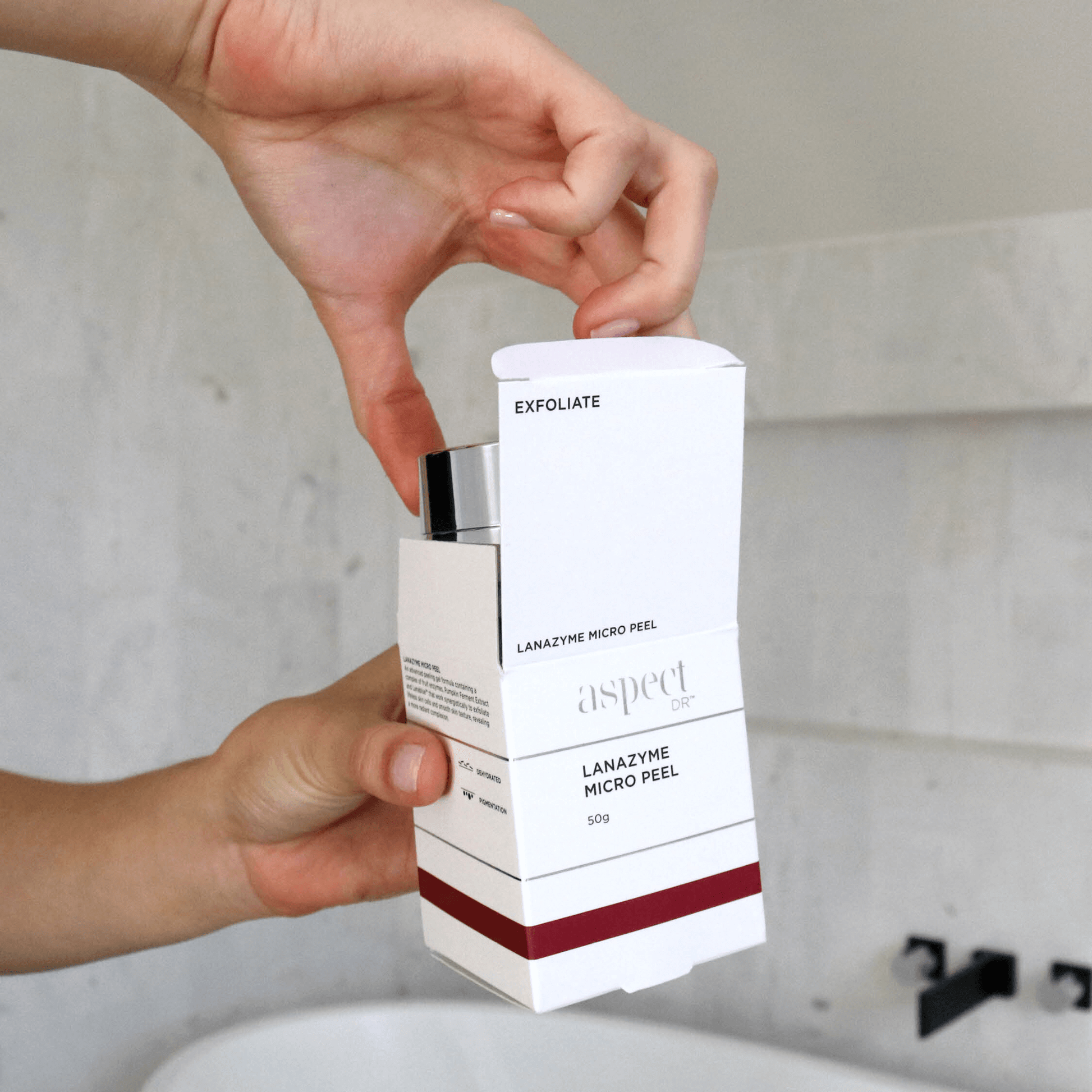 Lanazyme Micropeel Aspect Dr being opened in bathroom