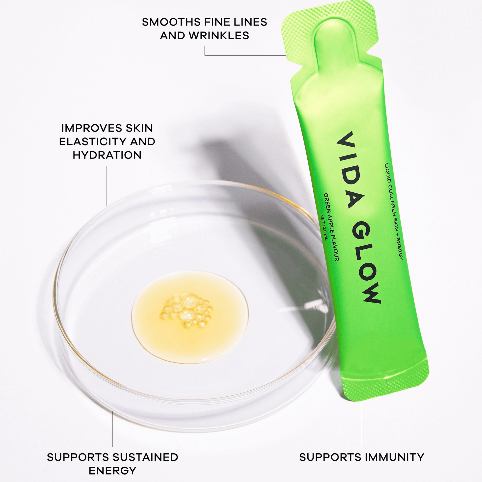 Vida Glow Liquid Collagen green apple sachet with benefits listed on a white background