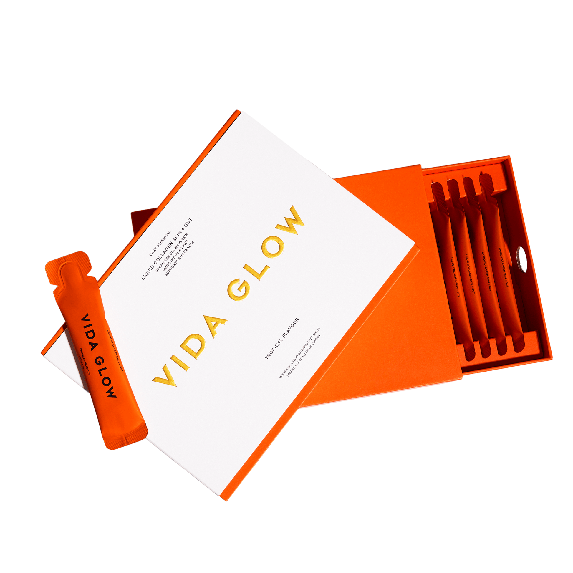 Vida Glow Liquid Collagen Tropical flavour skincare product set with a white background