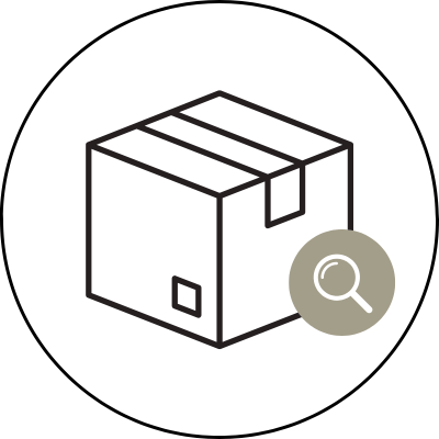 Icon of a box with a magnifying glass, indicating searching for a package for sota skin shipping tracker logo