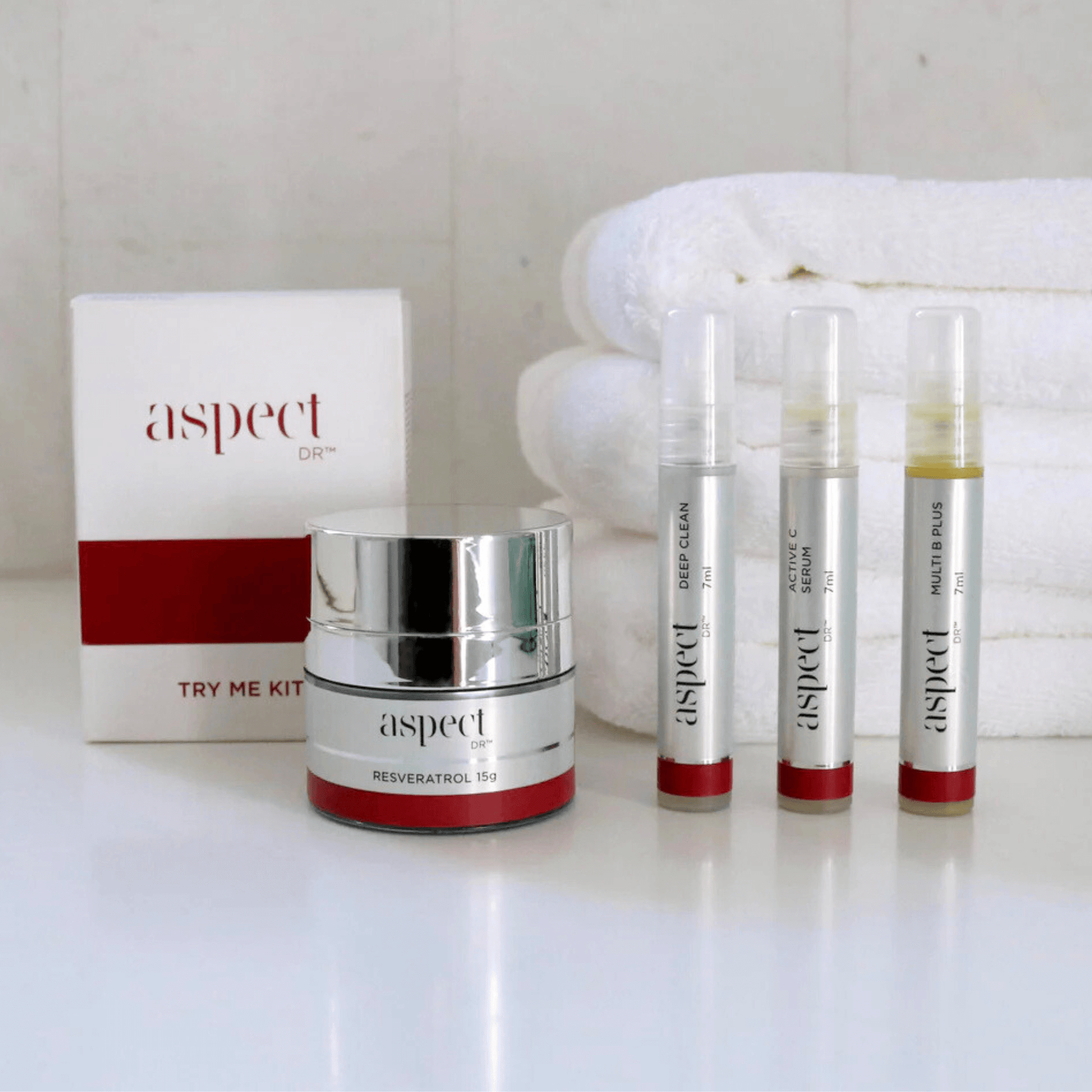 Try Me Kit Aspect Dr individual products lined up with bathroom bench background