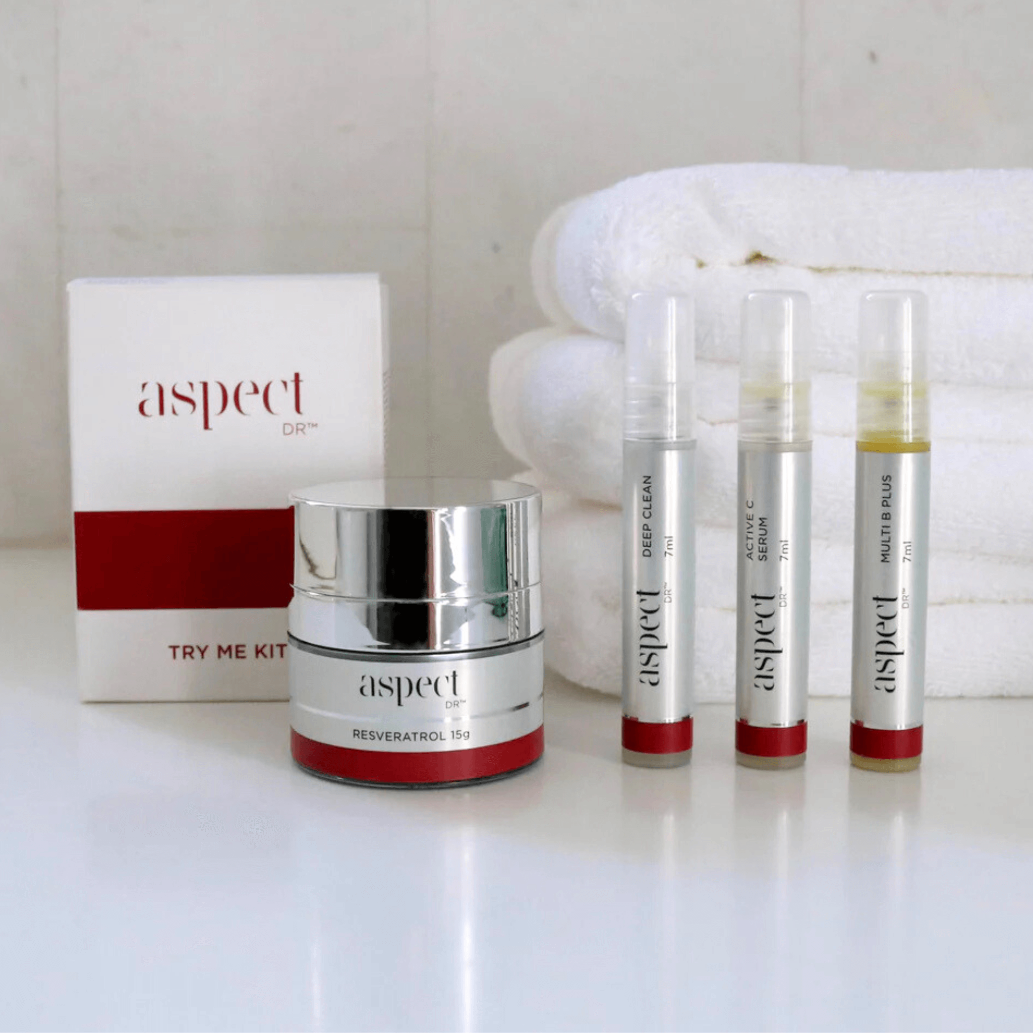 Try Me Kit Aspect Dr individual products lined up with bathroom bench background