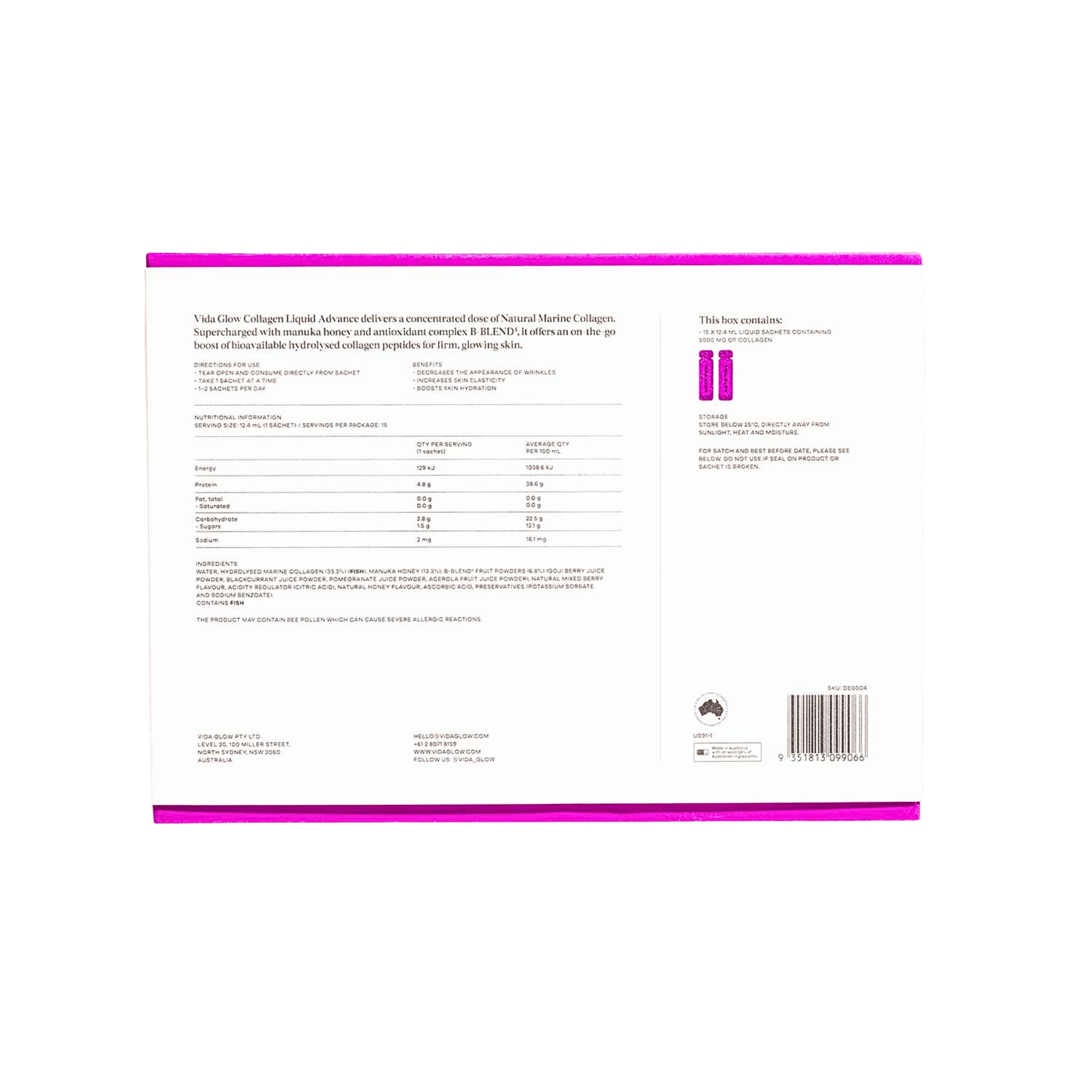 Vida Glow liquid berry back of packet on white background