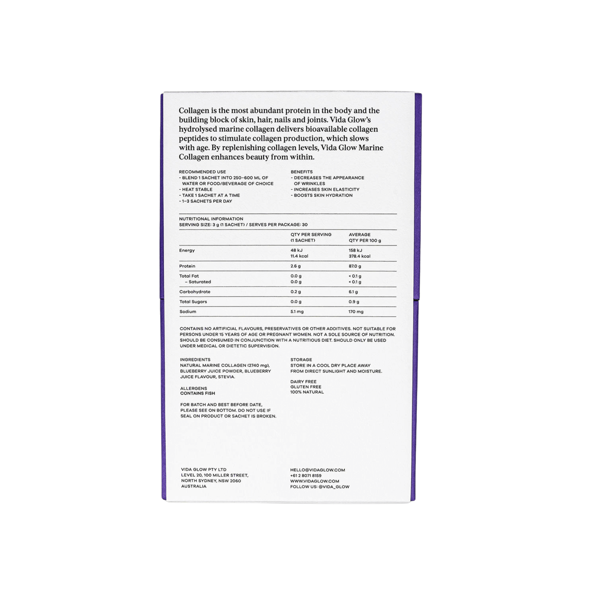 Vida Glow Blueberry back of box on white background