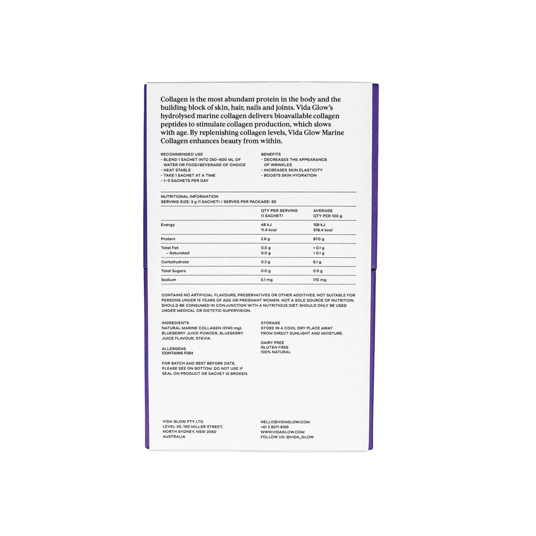 Vida Glow Blueberry back of box on white background