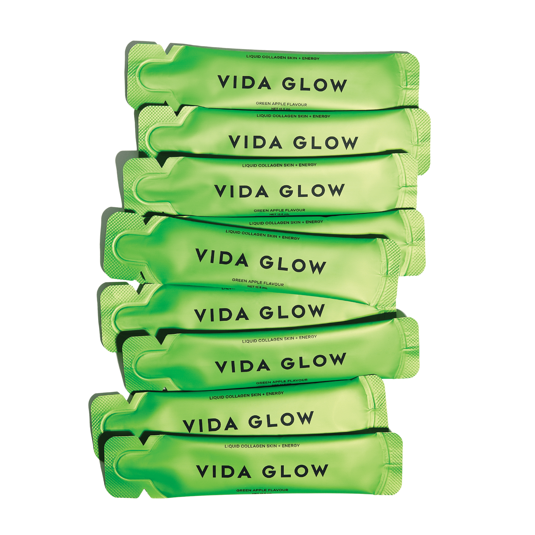 Stack of Vida Glow green apple packets on a white background