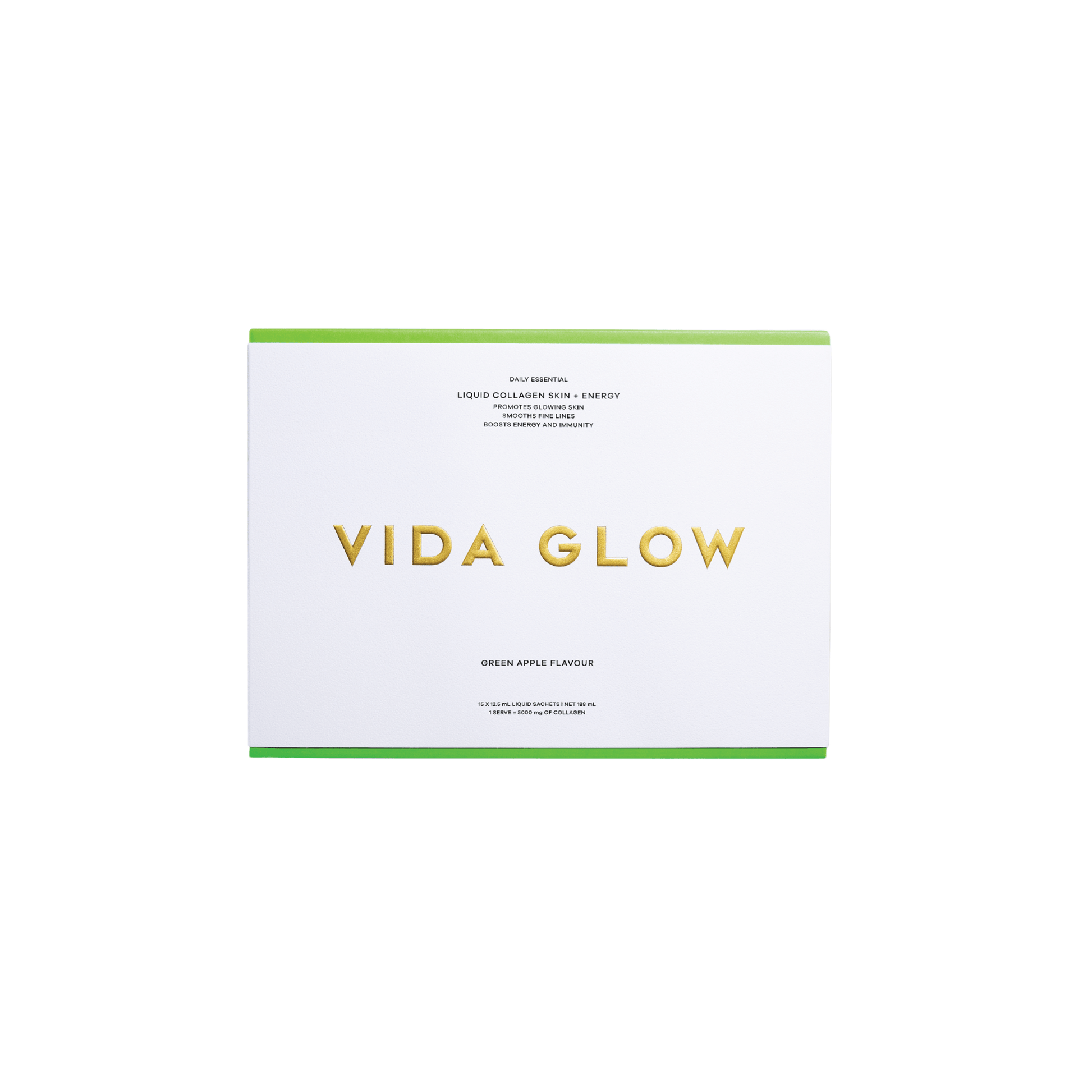Vida Glow Liquid Collagen Skin + Energy product packaging on a white background