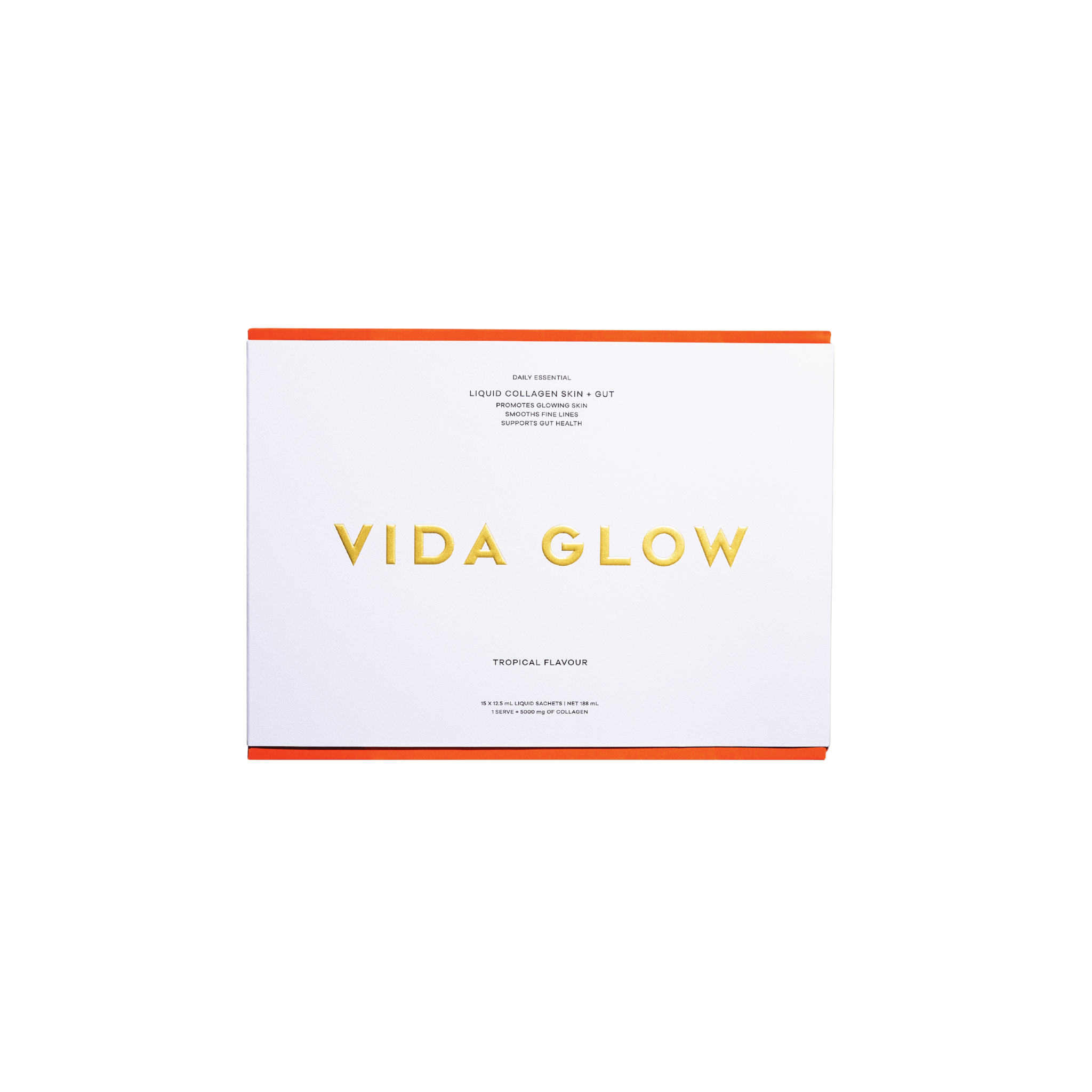 Front of Vida Glow Liquid Collagen Skin and Gut product packaging on a white background