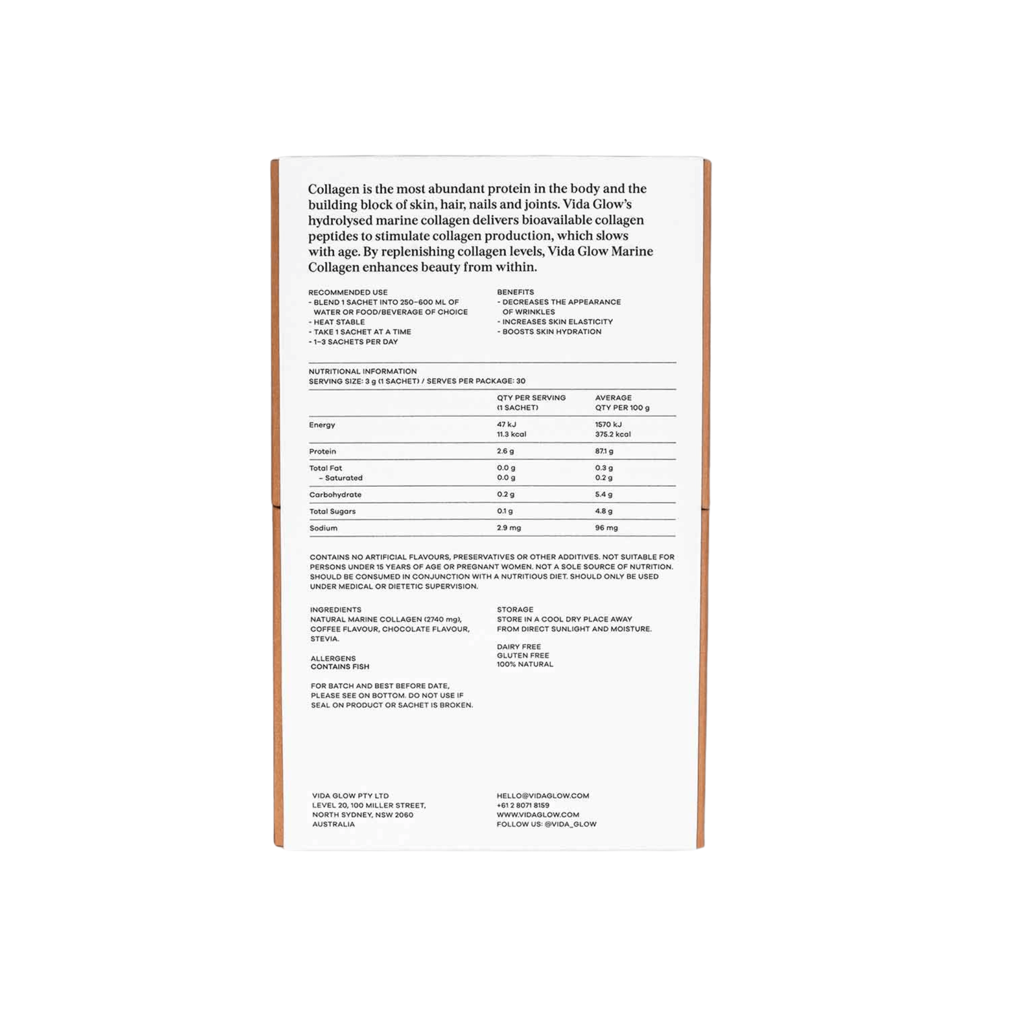 Vida Glow Mocha coffee sachet back of box on white background