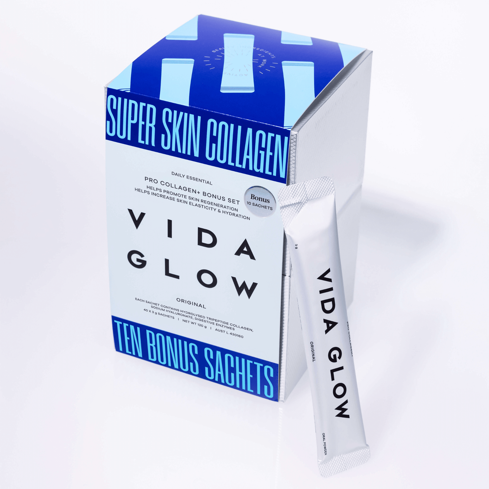 Vida Glow Super Skin Pro Collagen+ packaging with a sachet on a white background