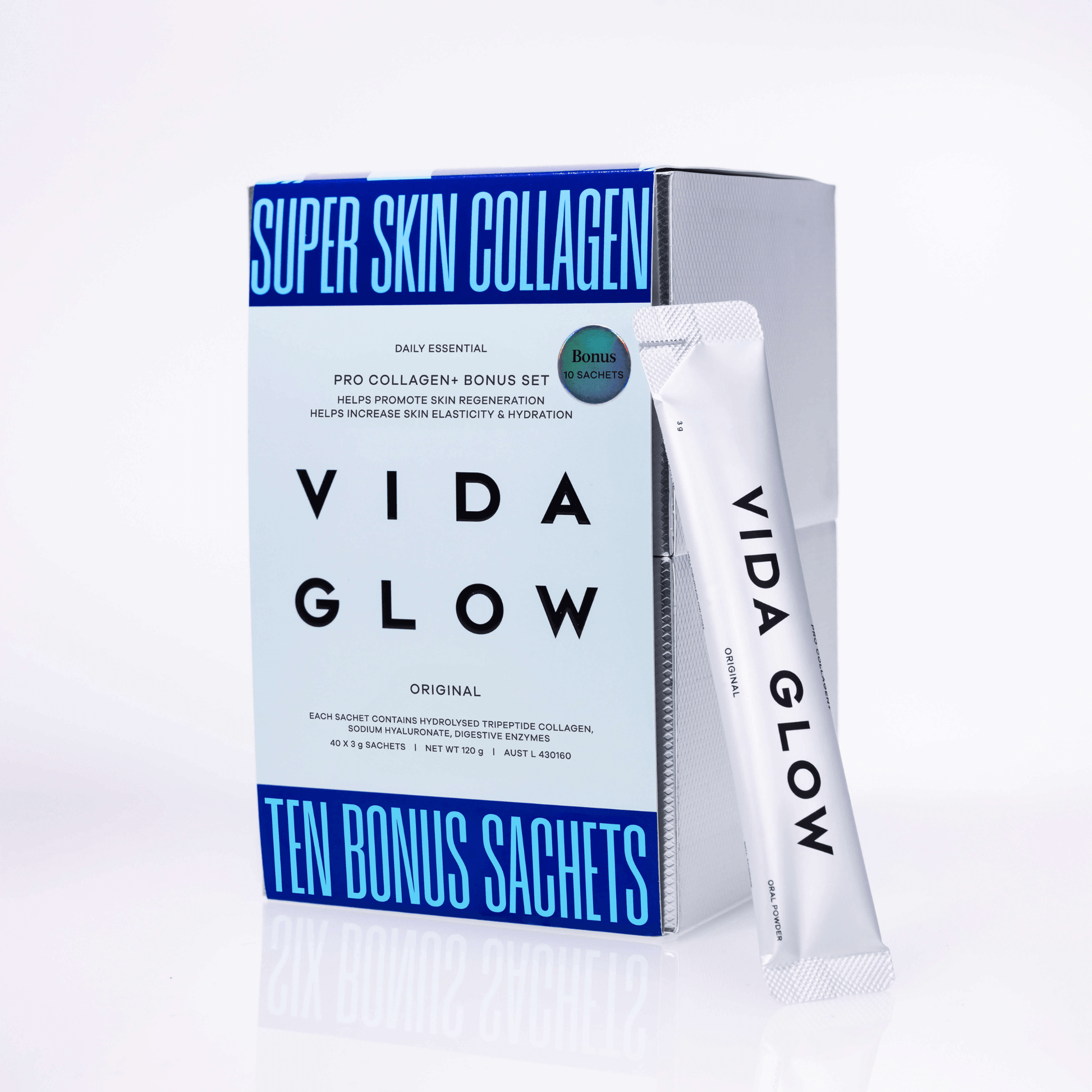 Vida Glow Pro Collagen + bonus 10 sachets set packaging with a sachet on a white background