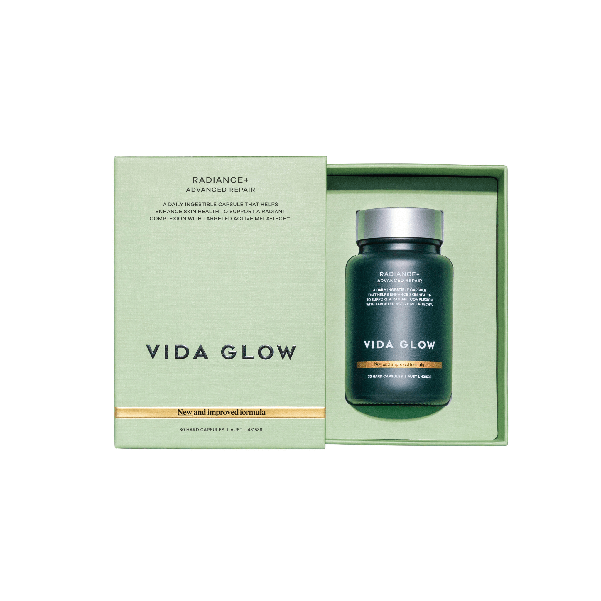 Vida Glow Radiance Plus bottle and packaging on a white background