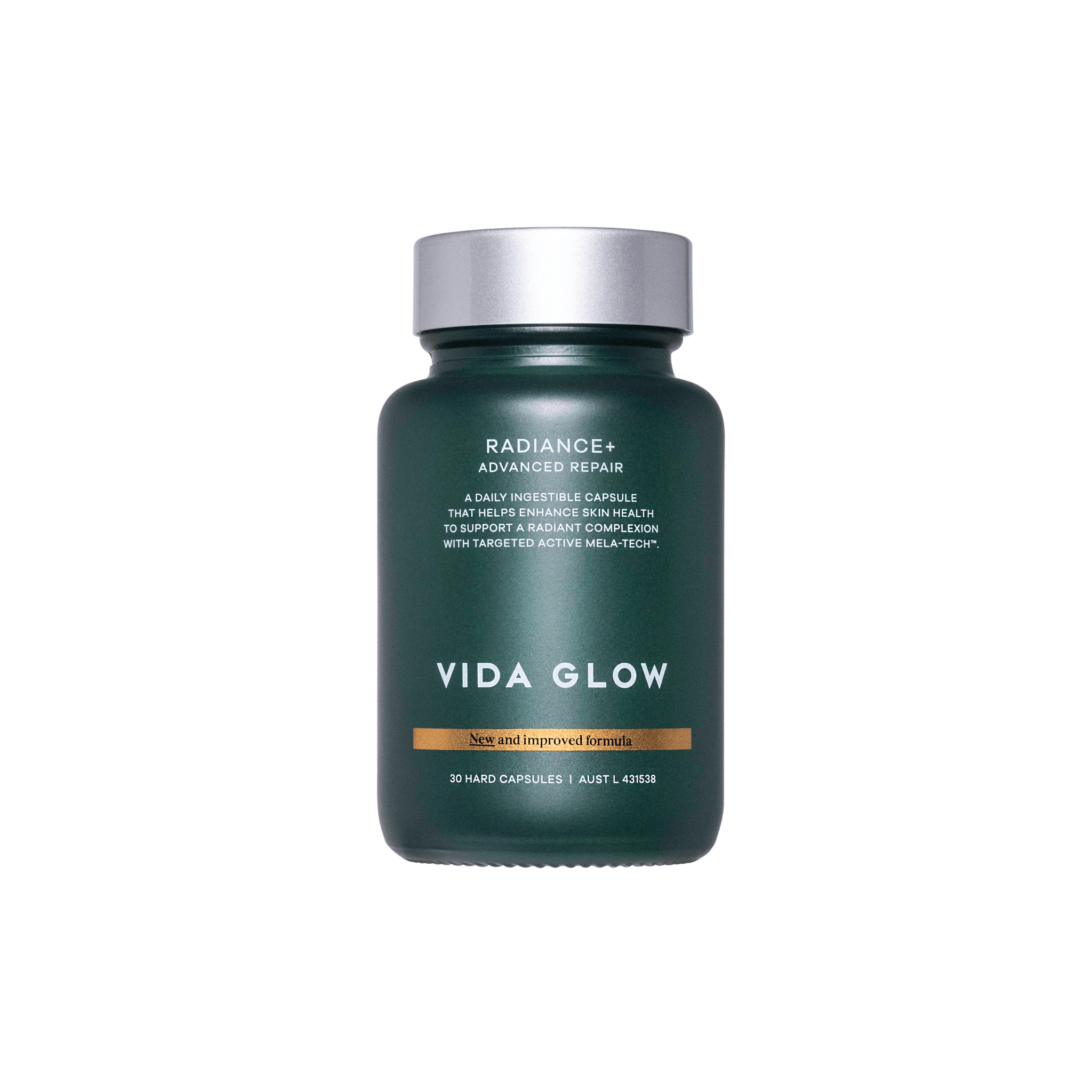Vida Glow Radiance+ green bottle on a white background