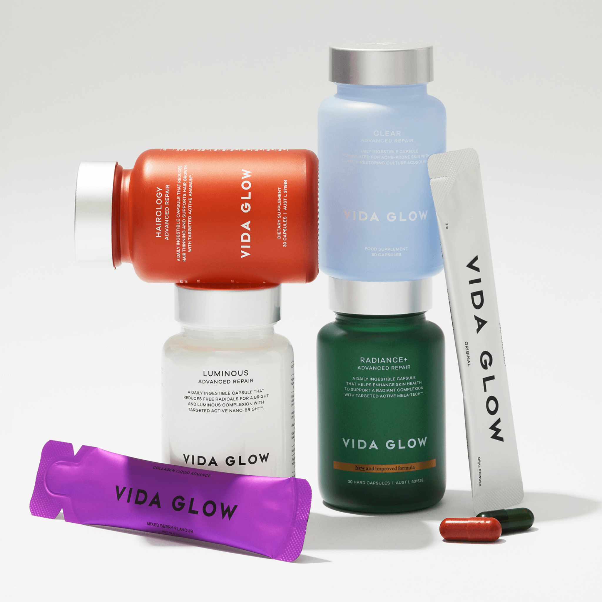 Vida Glow skincare products on a white background