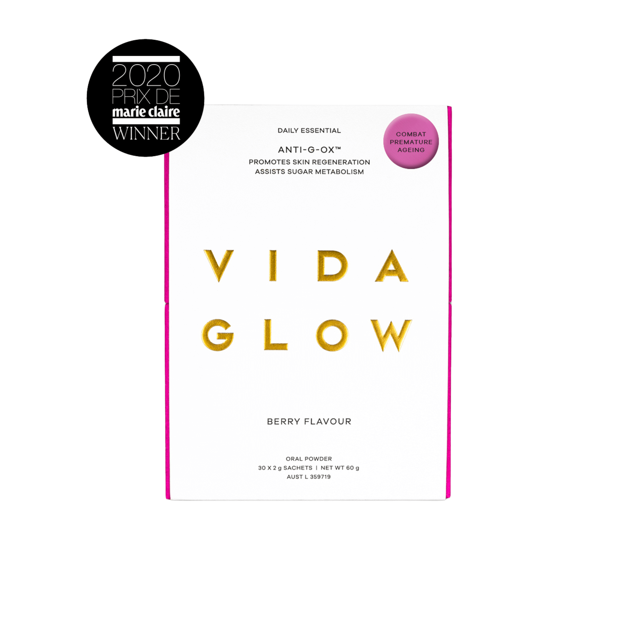 Front of product box of Vida Glow anti-g-ox Berry on white background
