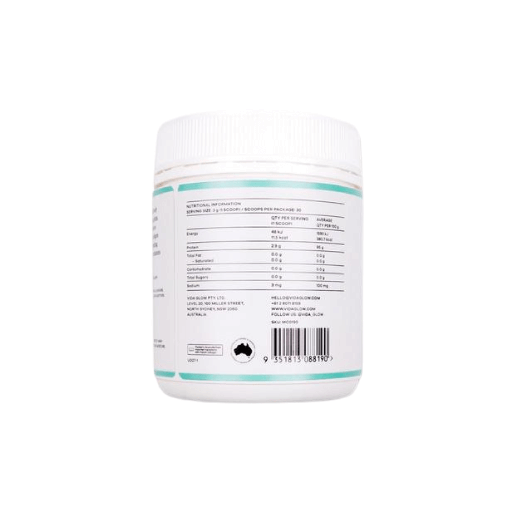 Vida Glow collagen powder 90g back of container on white background