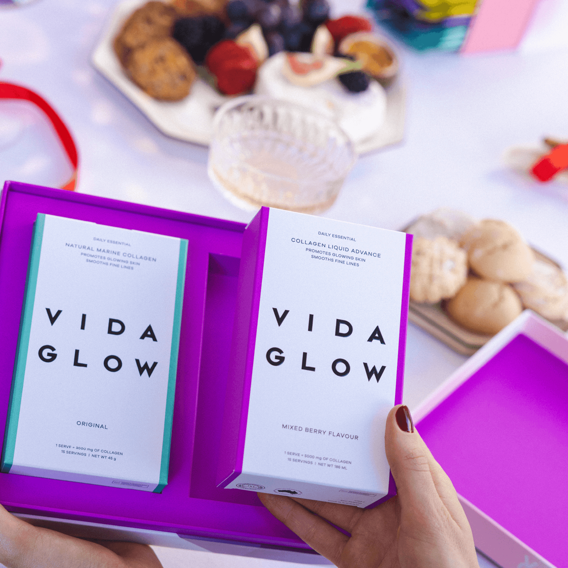 Vida Glow super skin set packs on blurred background