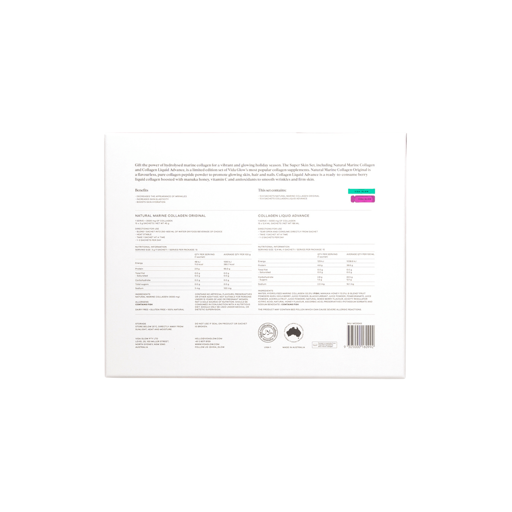 Vida Glow limited edition super skin set back of pack on white background