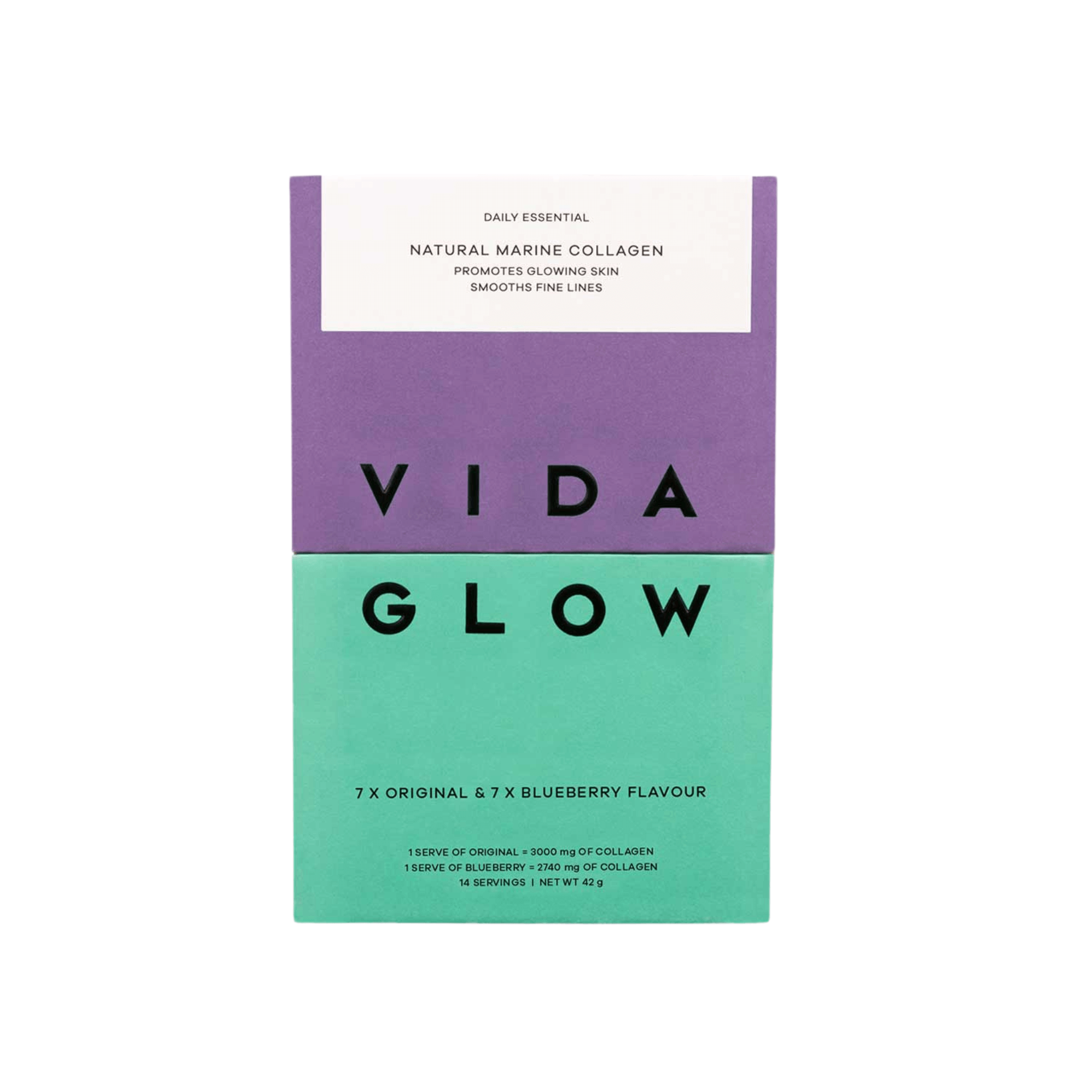 Vida Glow original and blueberry trial pack front of box on white background
