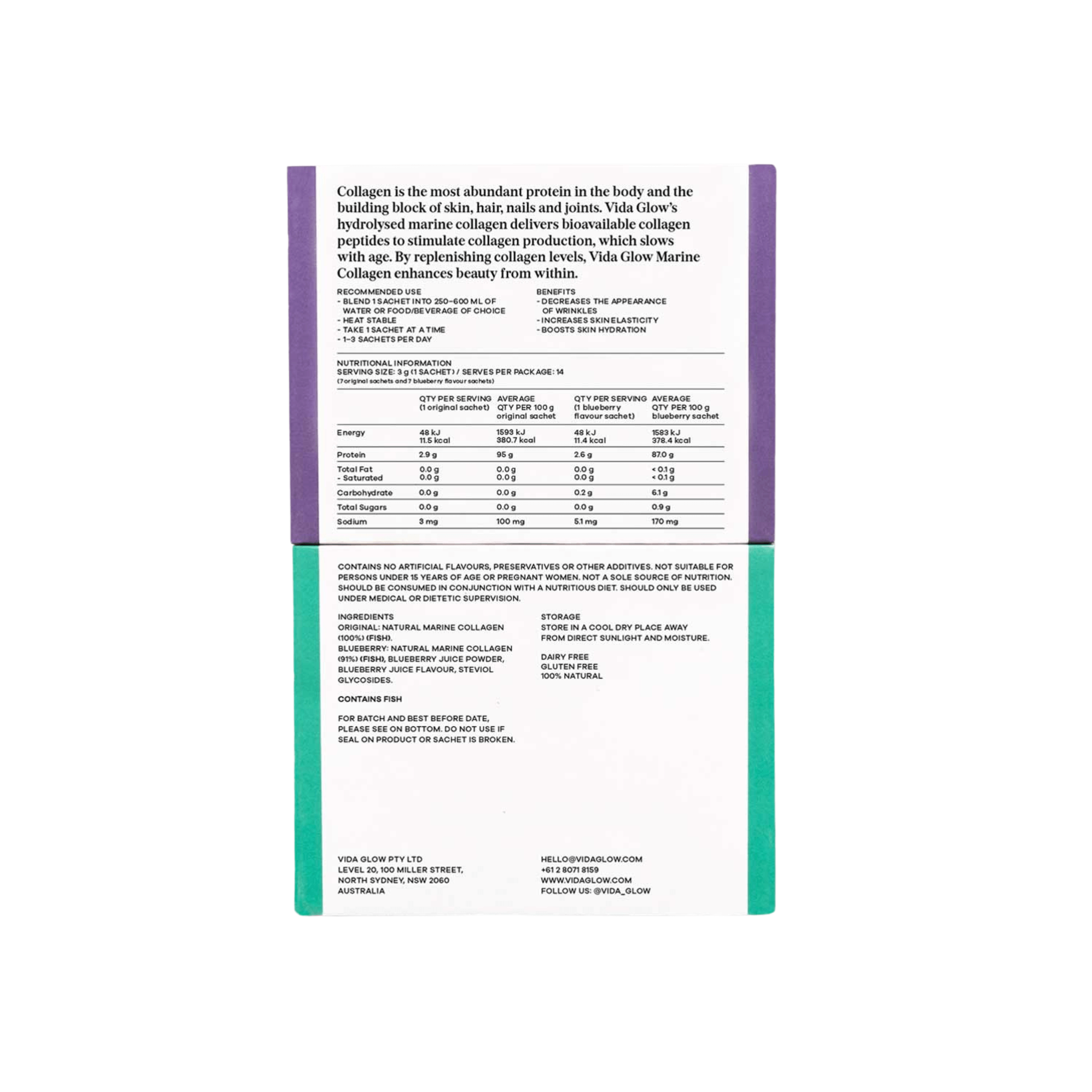 Vida Glow original and blueberry back of box on white background