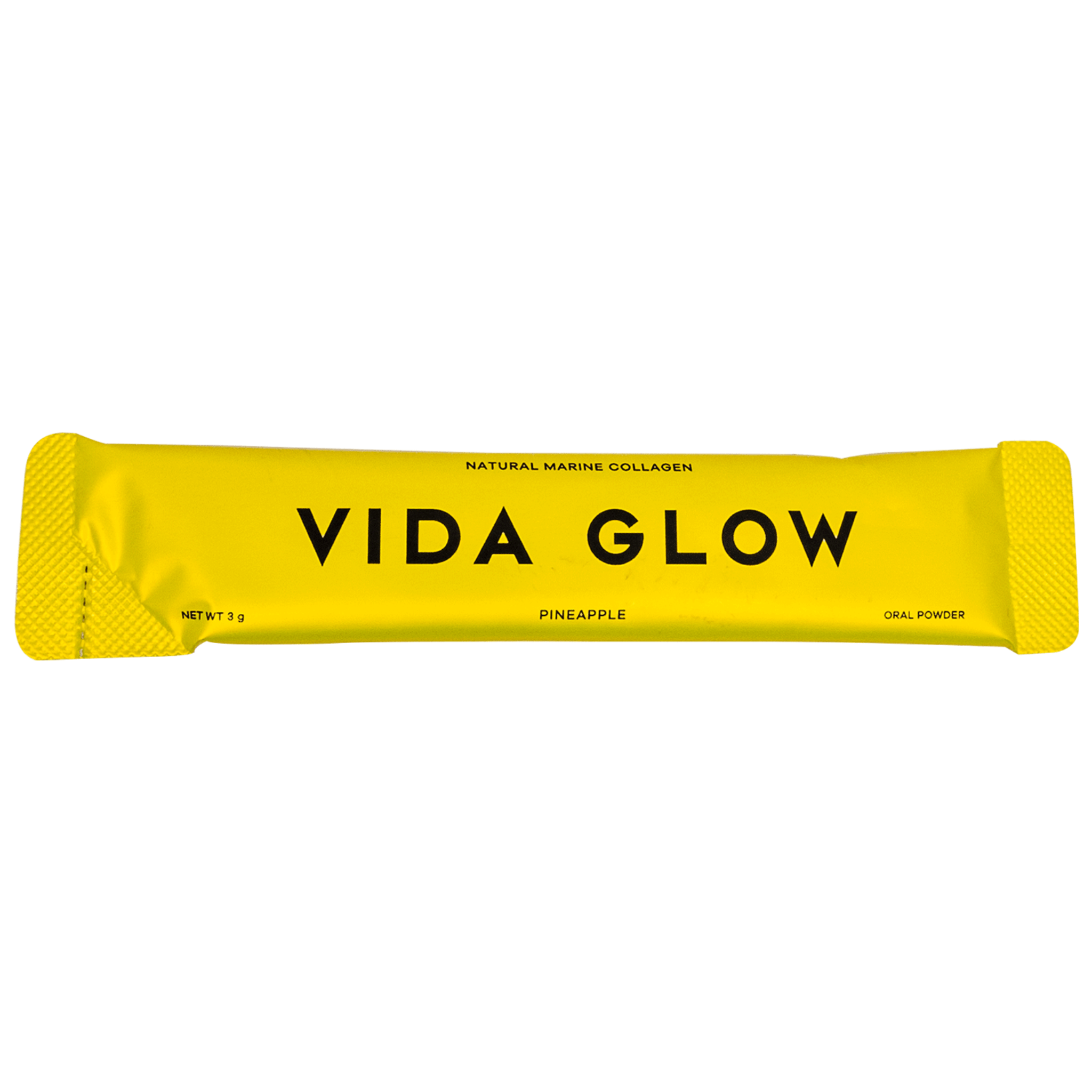 Vida Glow pineapple sachet close up on white background
