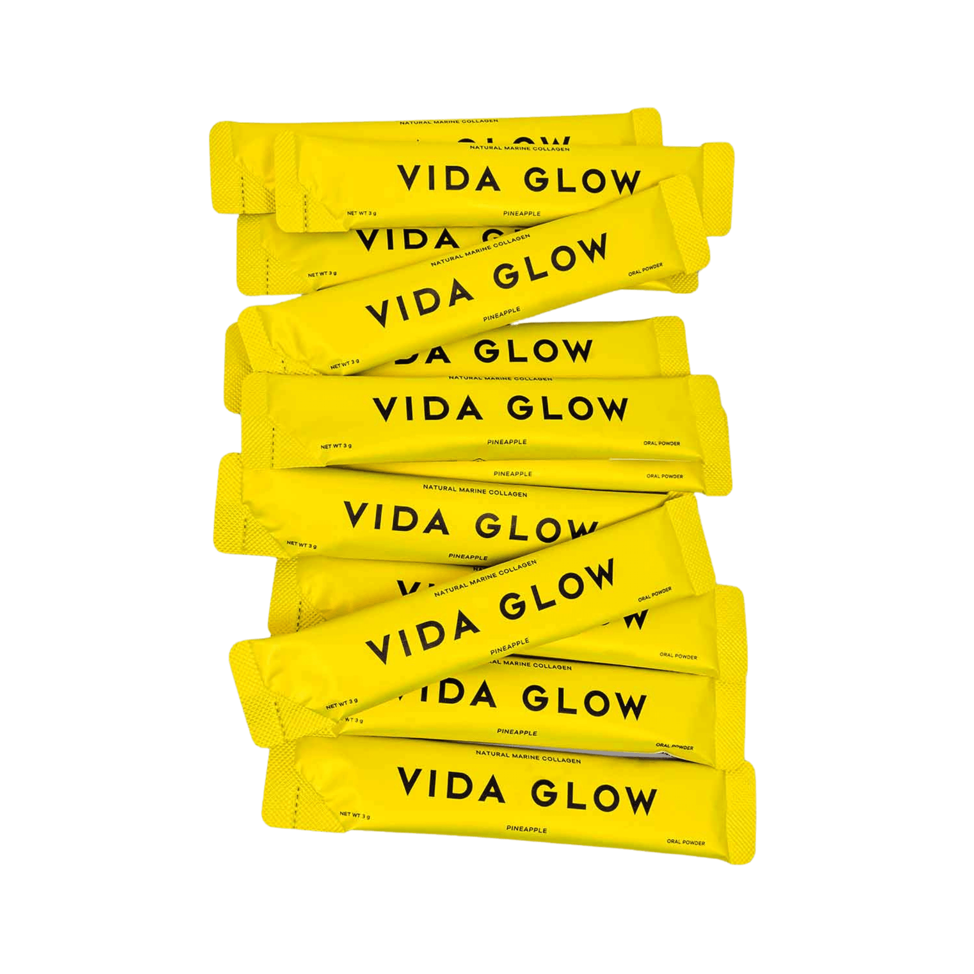 Vida Glow marine collagen pineapple sachet stack on white background