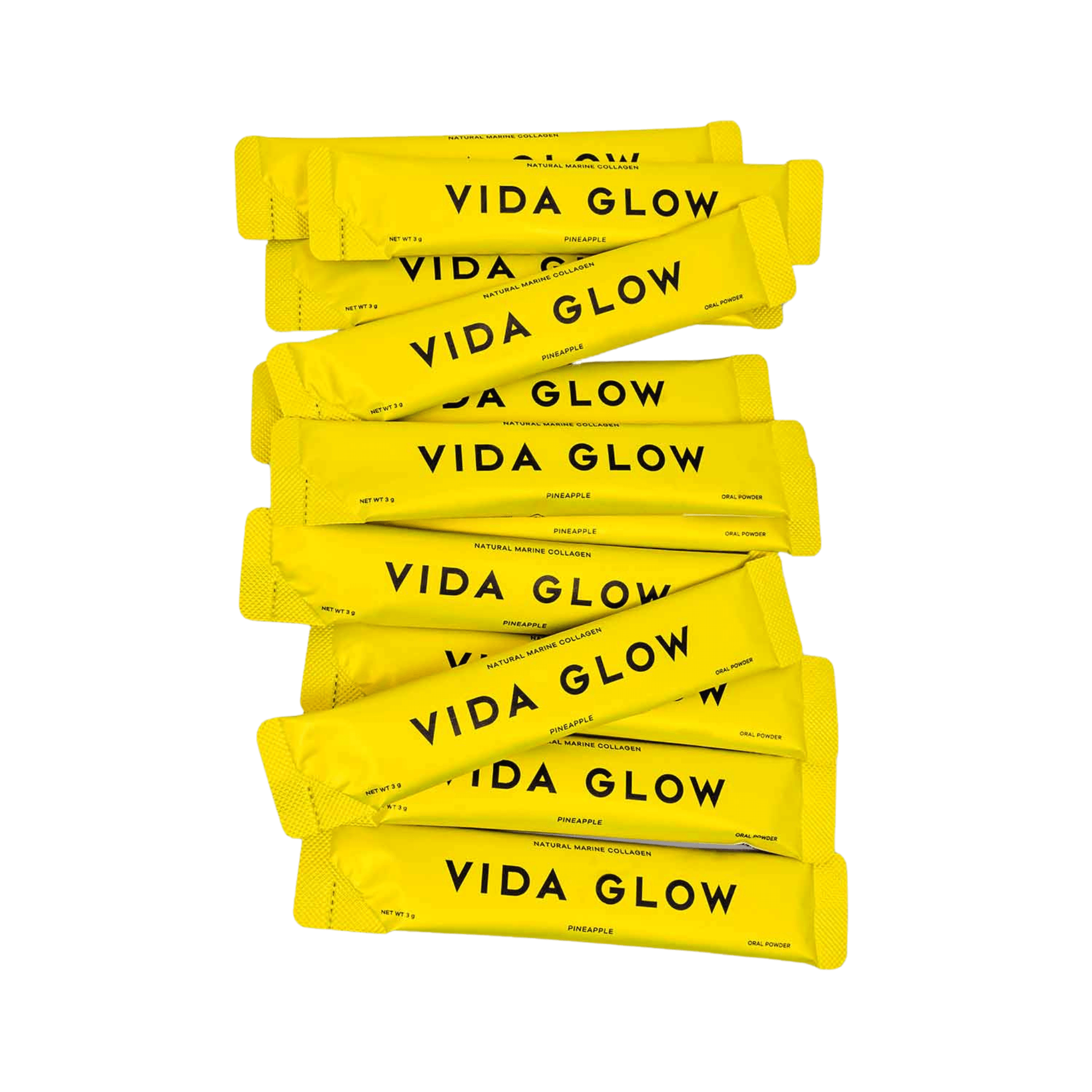 Vida Glow marine collagen pineapple sachet stack on white background