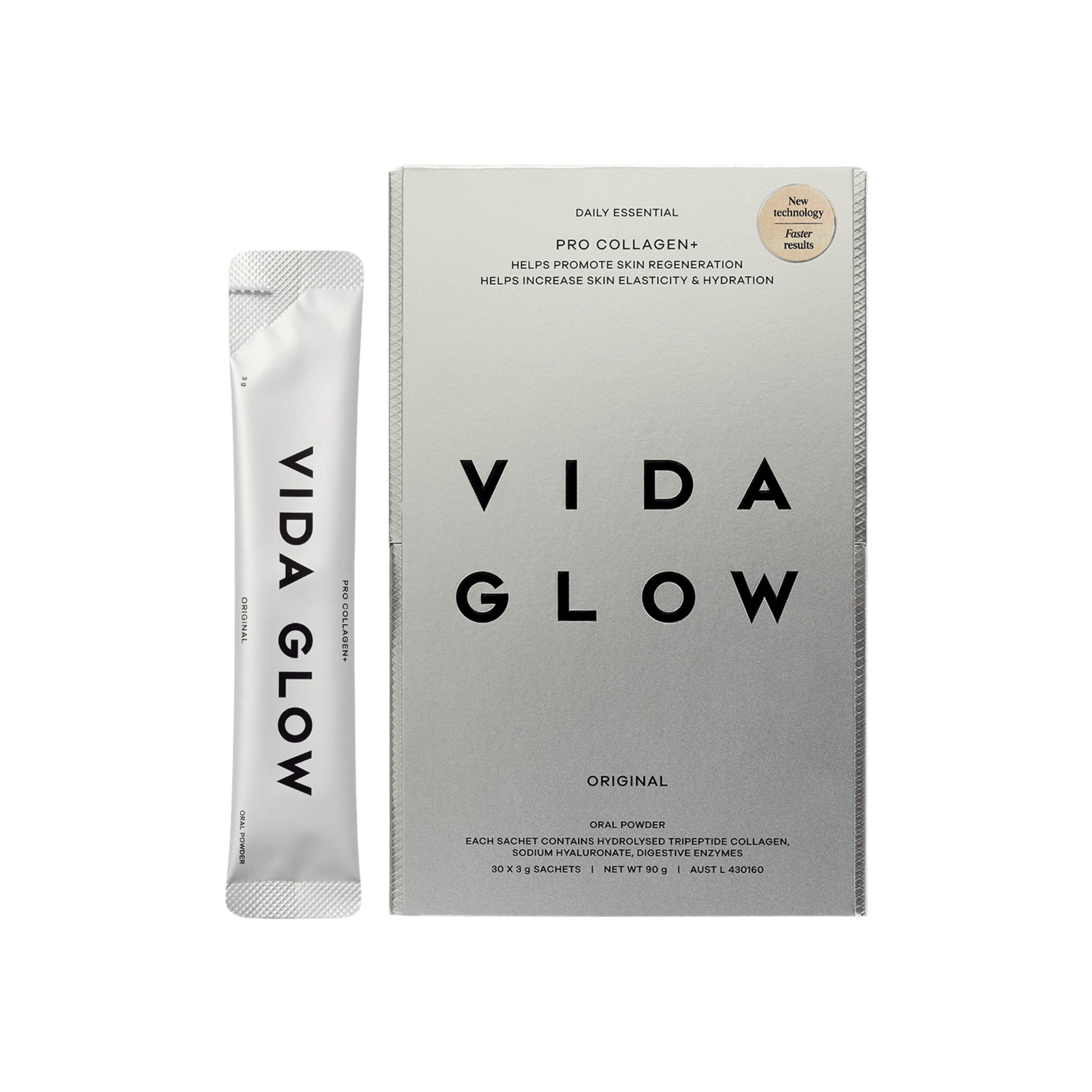 Vida Glow pro collagen+ box and sachet on white background