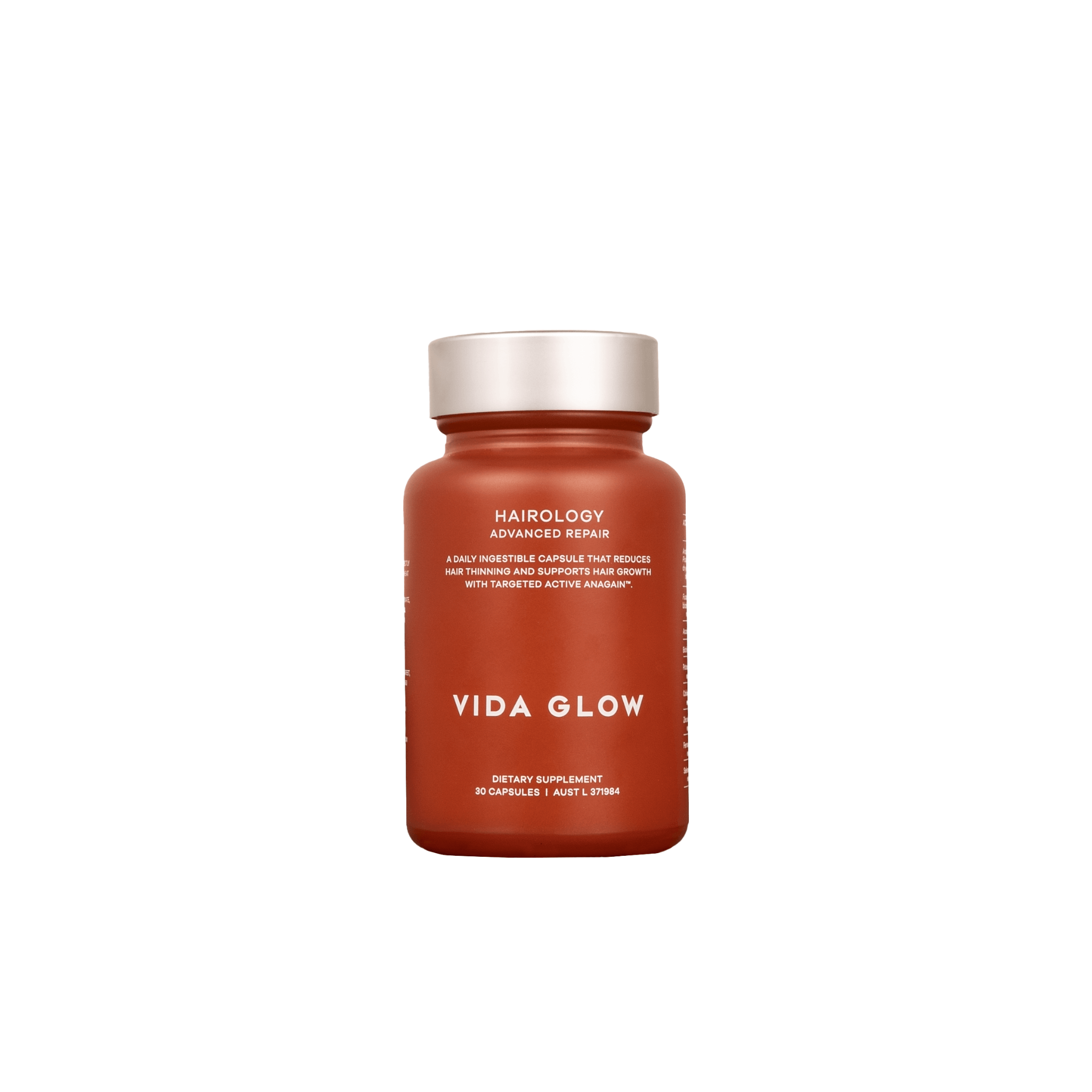 Vida Glow Hairology Advanced Repair supplement bottle on a white background
