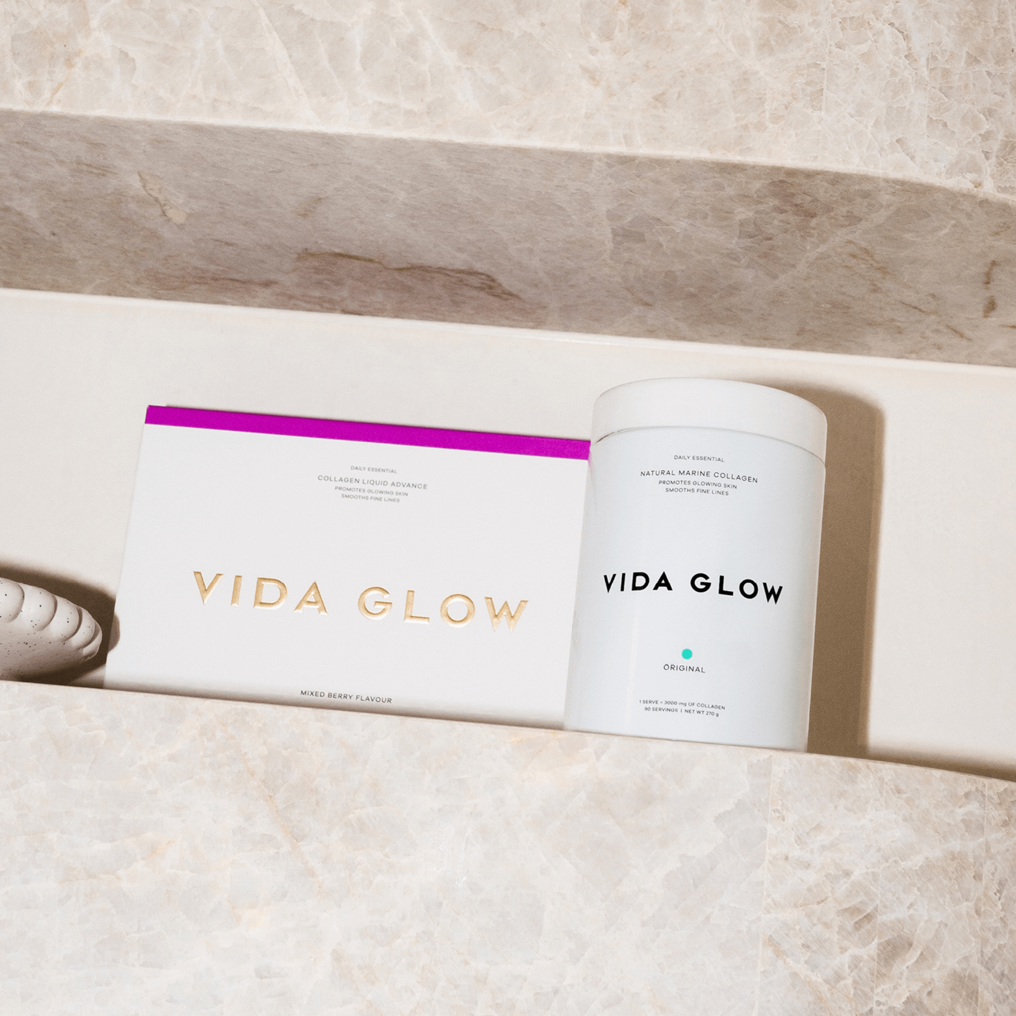 Vida glow collagen tub and collagen box with sachets