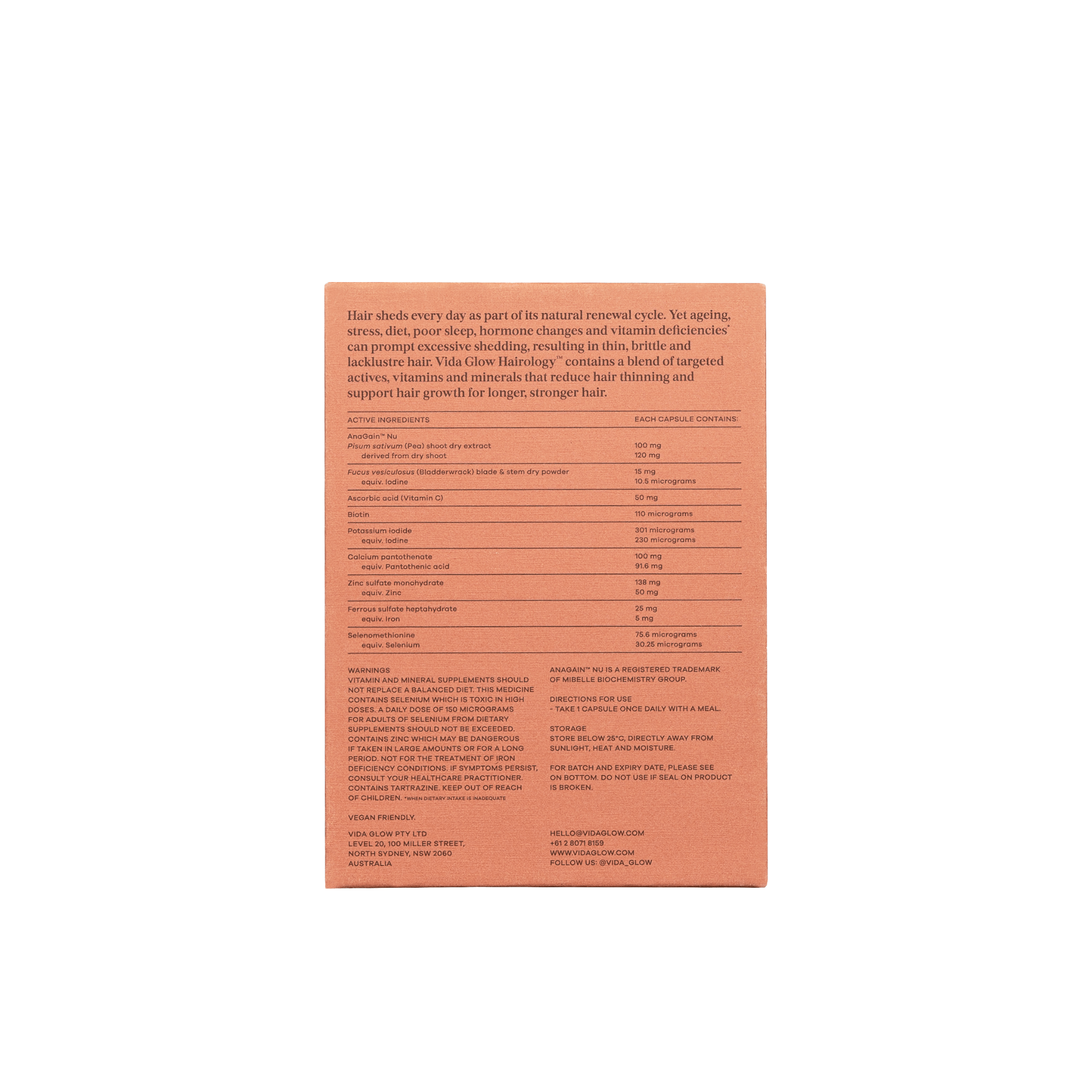 Vida Glow back of Hairology product packaging with text on a white background