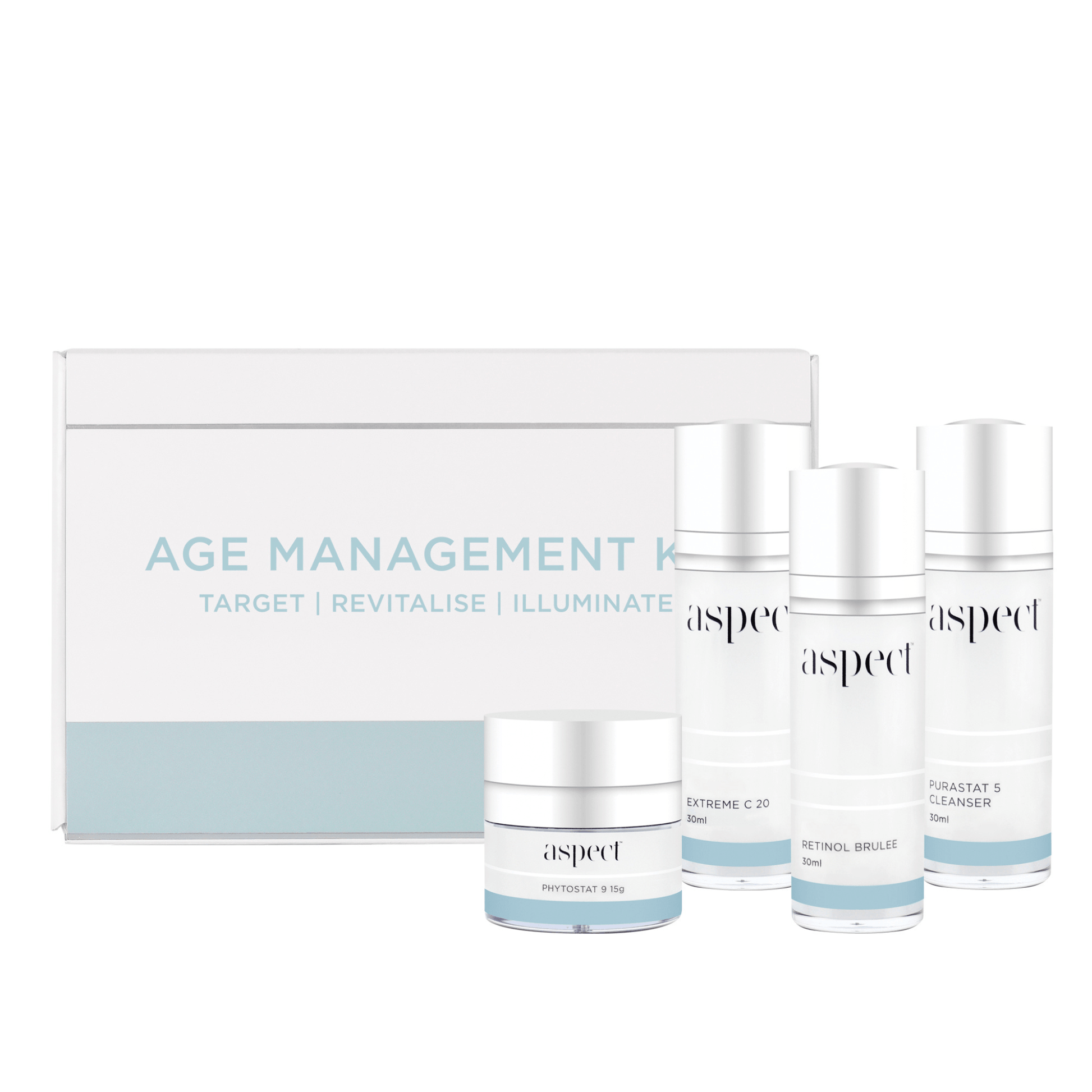 Aspect Age Management Kit Box and skincare products on a white background