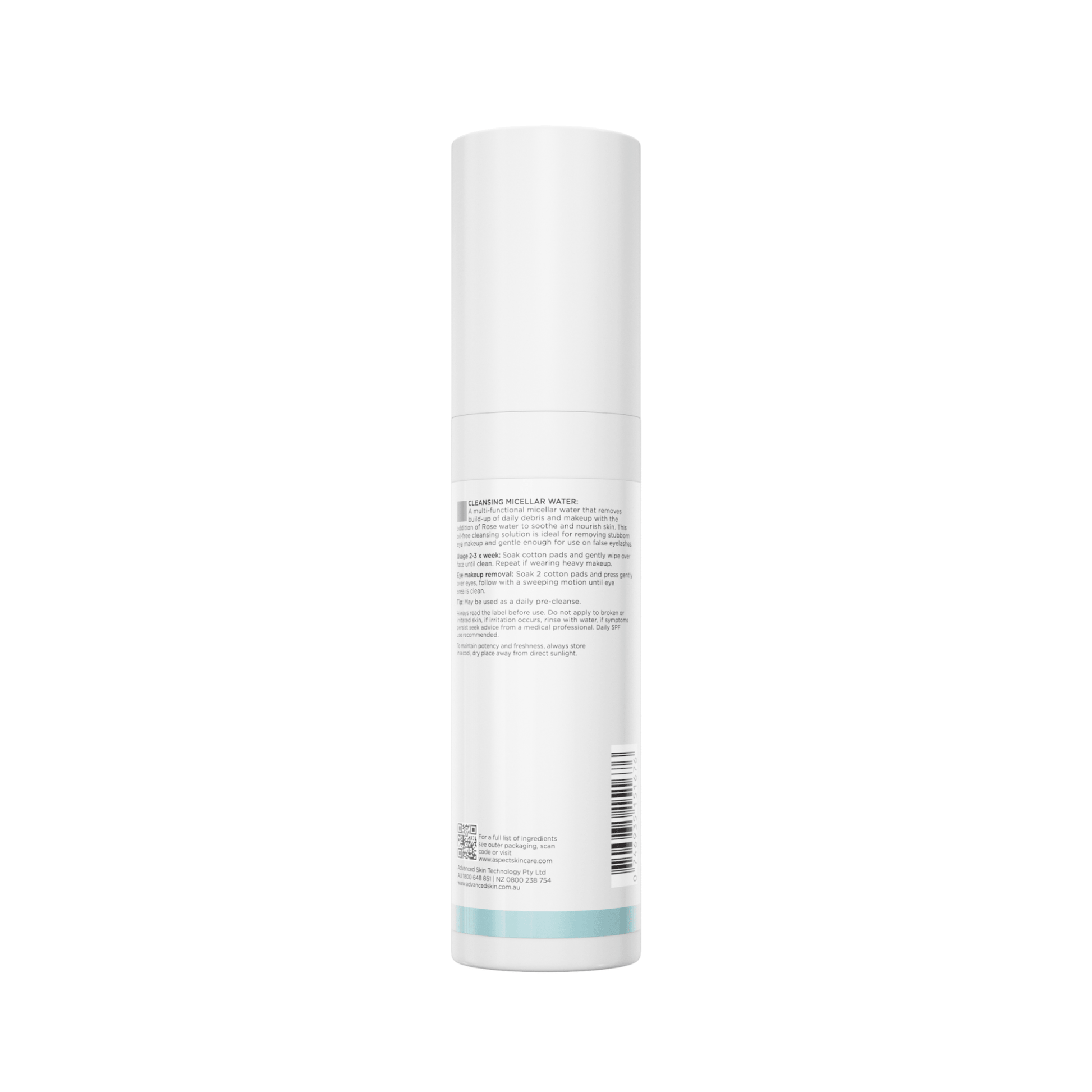 Back of Aspect Micellar water cleanser bottle on a white background