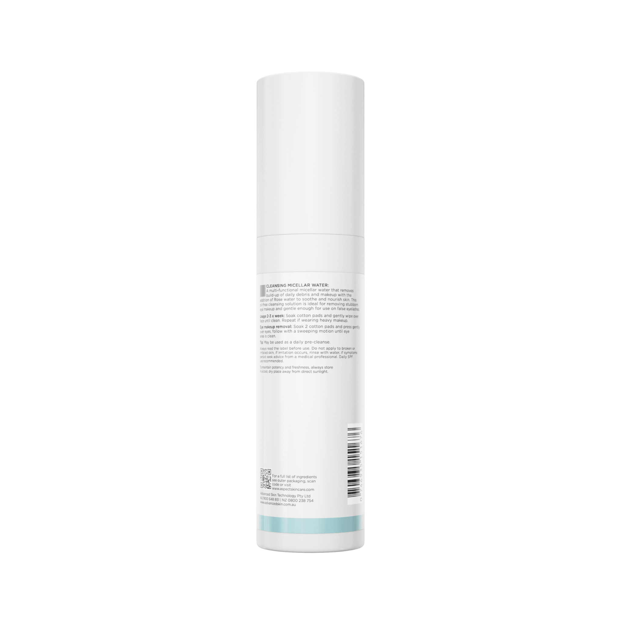 Back of Aspect Micellar water cleanser bottle on a white background