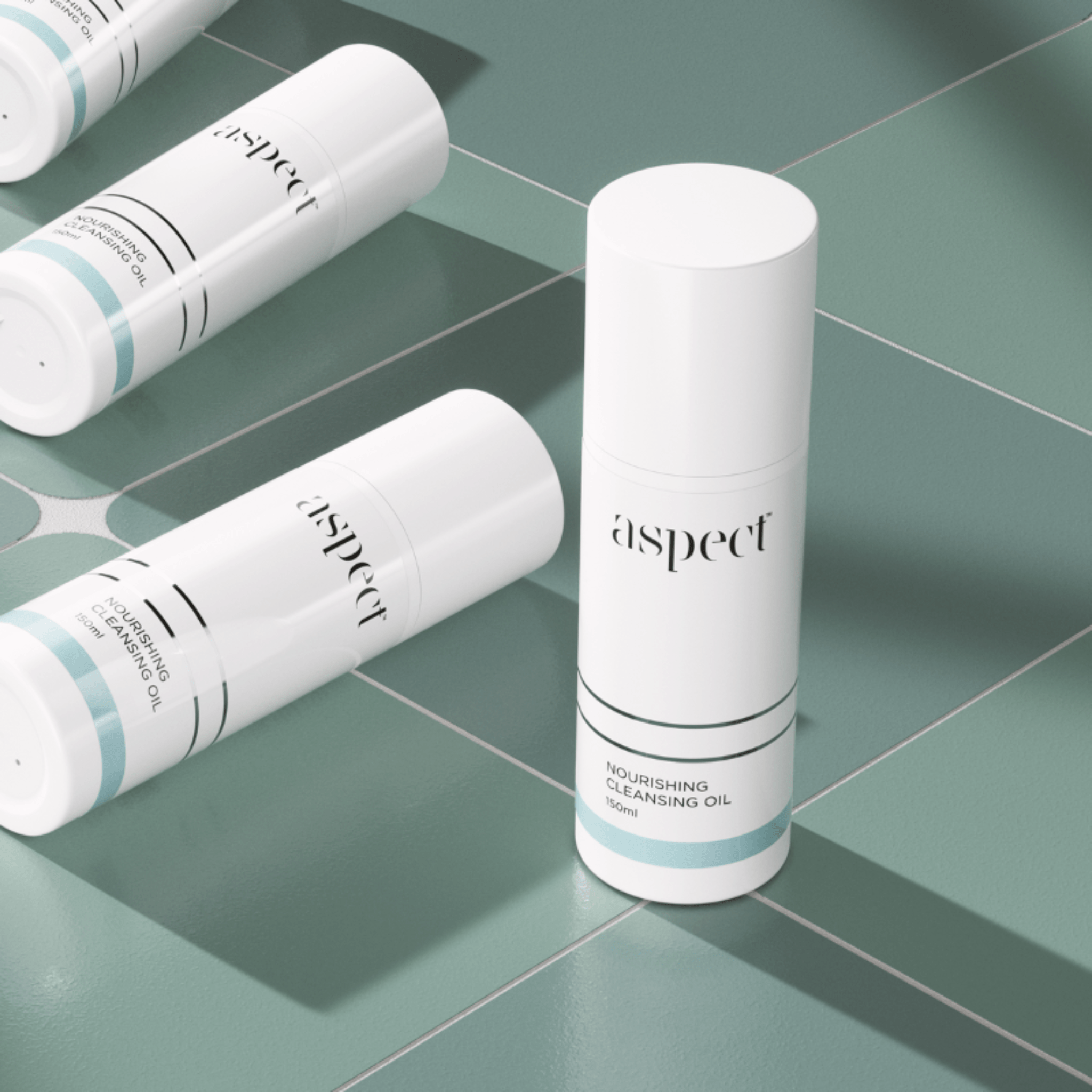 Aspect Nourishing Cleansing Oil containers on light blue tiled background