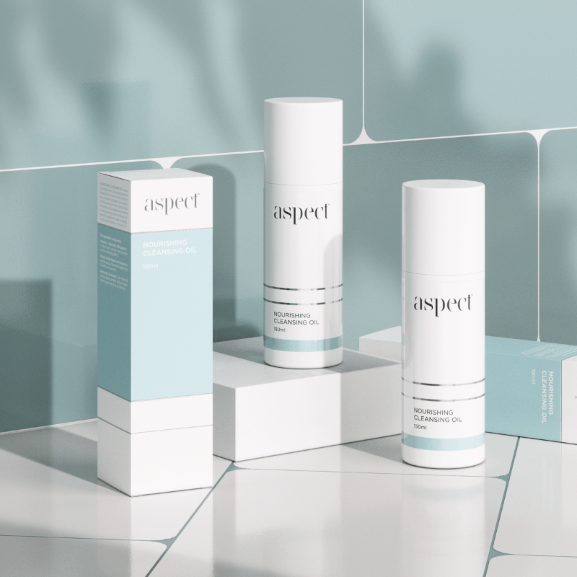 Aspect Nourishing cleansing oil skincare products on a light blue tiled background
