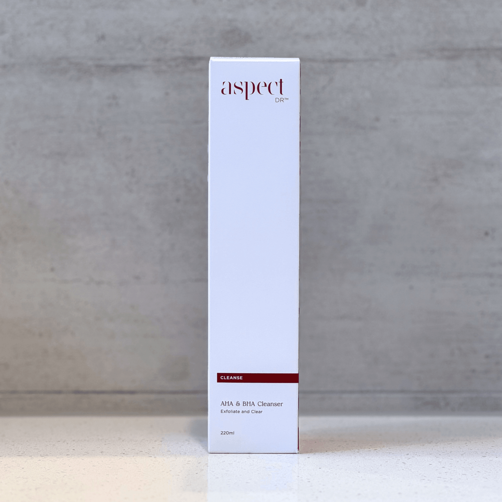 Aspect Dr BHA AHA cleanser product box on neutral background