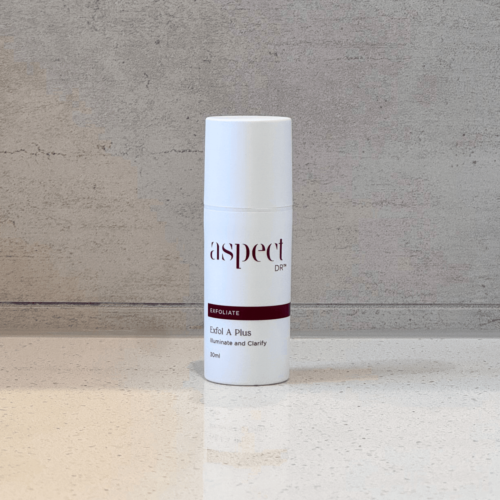 Aspect Dr Exfol A serum front of product on neutral background