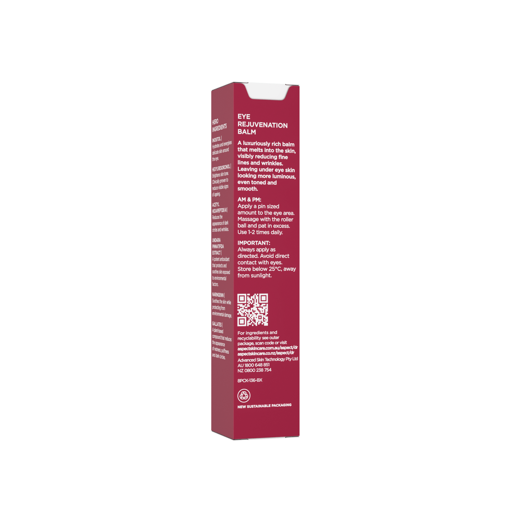 A tall, narrow red product box for Aspect Dt Eye Rejuvenation Balm, shown from the side on a plain white background. The box features white text detailing the product ingredients and instructions.