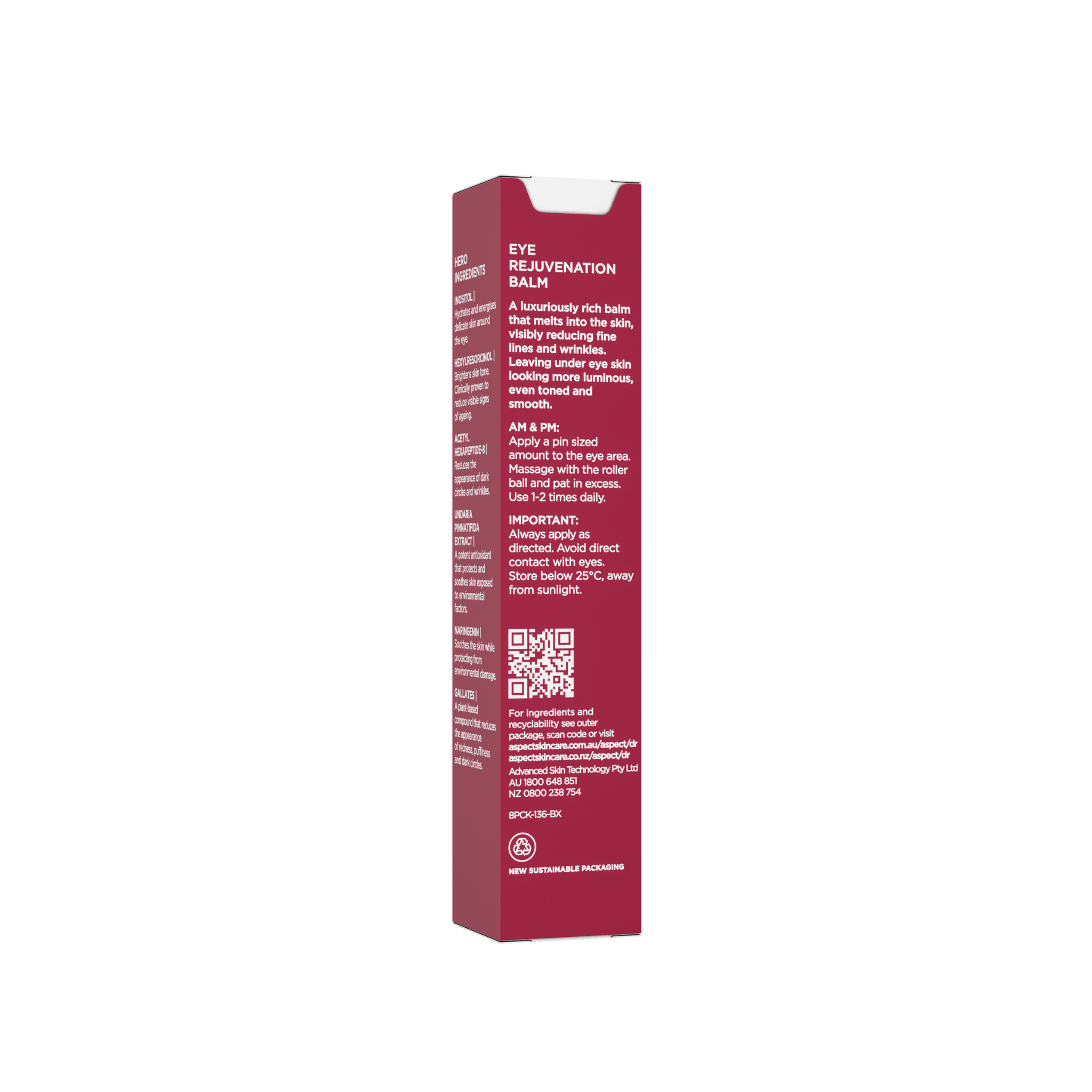 A tall, narrow red product box for Aspect Dt Eye Rejuvenation Balm, shown from the side on a plain white background. The box features white text detailing the product ingredients and instructions.